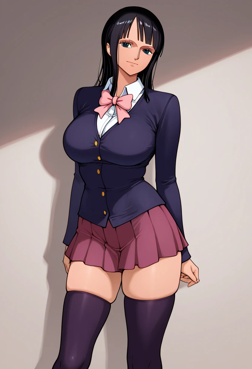 juri han, work of art, tight white secretary shirt with black tie, black high waist skirt, short skirt,stocking, black hair, black tights,evil smile,office,franja nos olhos,iluminação,chifre de cabelos,visão de cima,olhando para cima
