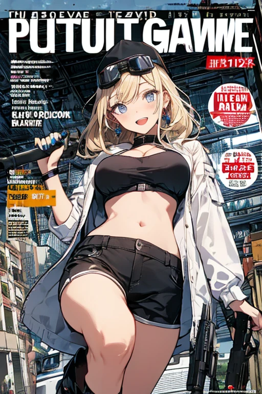 Masterpiece, best quality, Masterpiece, best quality, 1 woman , blue eyes , yellow ponytail , black leather jacket , sly face , smile , bikini , abdomen, big breasts , Long legs , boots , hands on hips , 1 man , old man , abandoned factory , at night