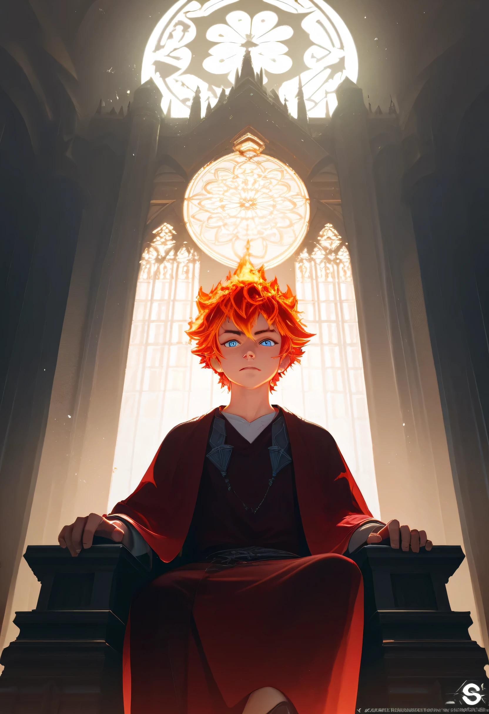 a cute young boy yr,messy short fire hair,angry,sharp gaze glow blue eyes,fire hair,from front below,in throne castle,wearing robe,perfect face,hd,4k,8k,dynamics lighting,perfect lighting,realistic