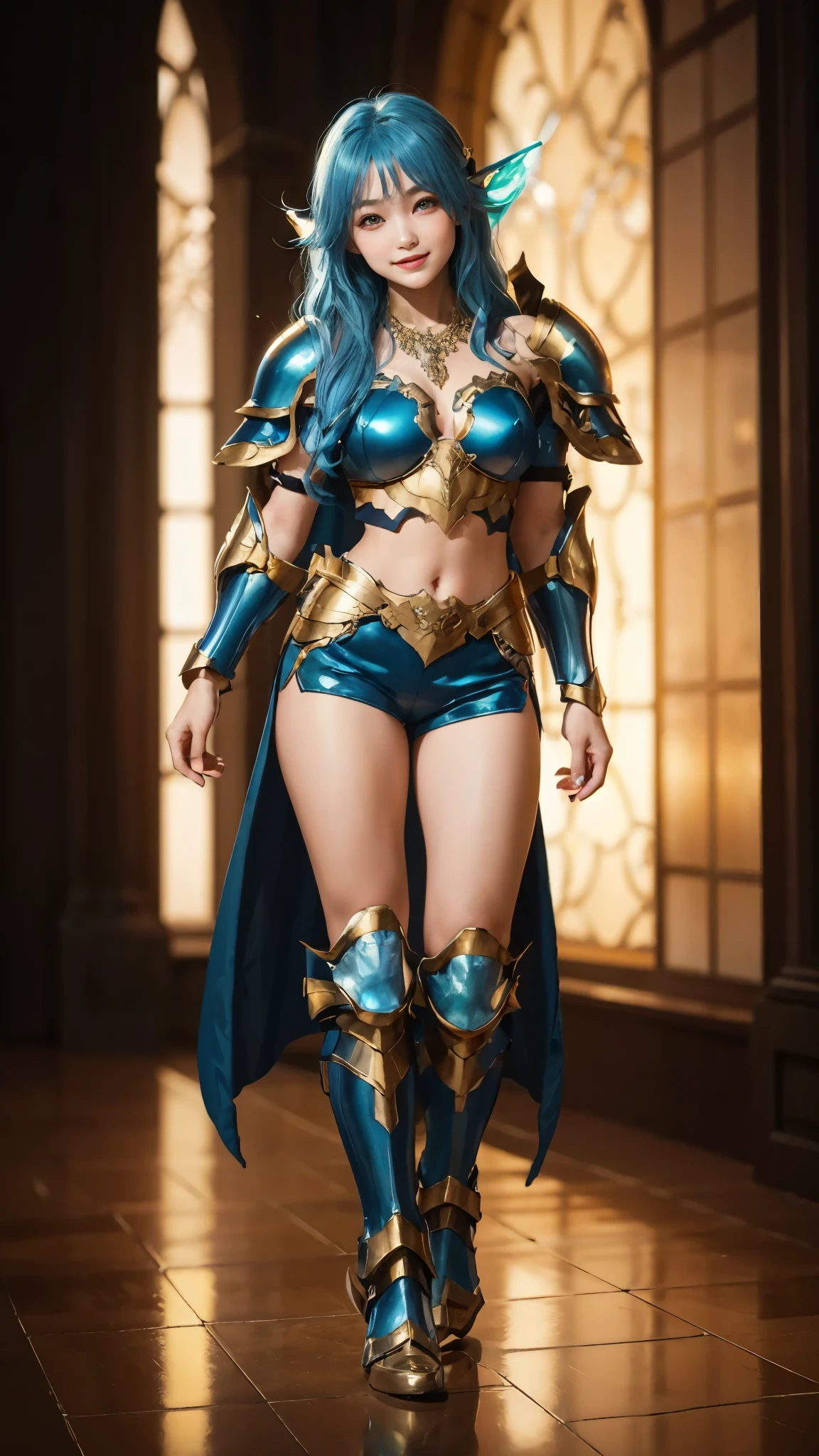 girl, (loli, cute:1.2), standing, dutch angle, very long hair, blue hair, looking at viewer, smile, fish fin ears, blue pendant statement necklace, (sexy golden armor, cutout details:1.2), (large breasts:1.2), (large shoulder armor:1.2), deep blue satin shorts, thighs, golden leg armor, golden heel boots, dark background, glowing chamber, golden lighting, aqua colored glass, sleek floor,