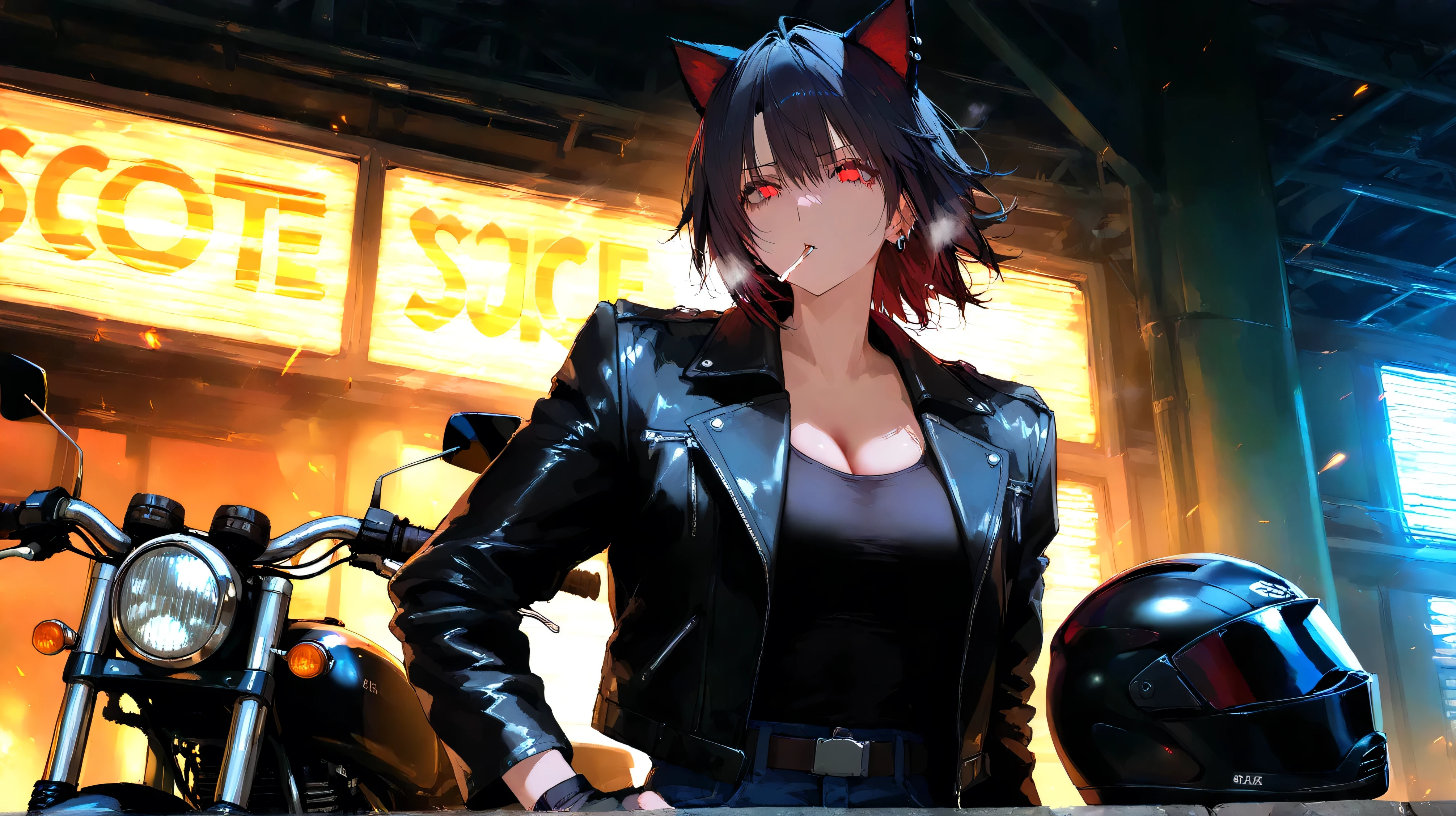 Anime style,solo female protagonist, half-body shot, black cat ears, black messy hair, red piercing eyes, rebellious expression, gritty urban background, cyberpunk noir lighting, dramatic shadows, high-detail face, intense gaze, leather biker jacket, metal chains, fingerless gloves, worn-out jeans, cigarette in mouth, neon reflections, American outlaw aesthetic, tough and battle-hardened, standing against oppression, defiant posture, anti-hero energy, scratched motorcycle helmet hanging on his side, wind blowing through hair, embers floating in the air, cinematic lighting, ultra-detailed textures, 8K resolution, dynamic composition, deep emotional contrast, high-quality shading and rendering