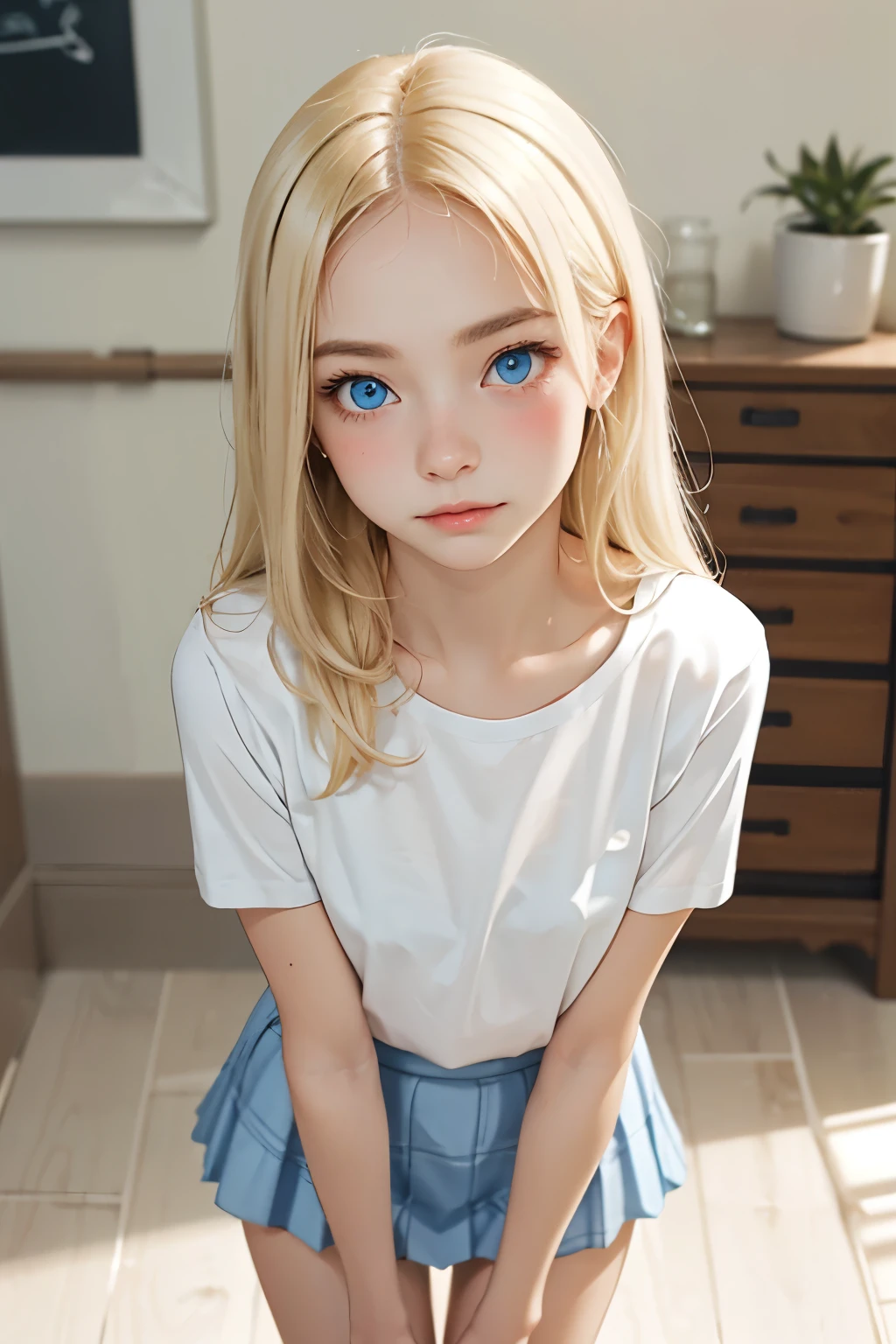 sfw, cute standing,skirt,white t-shirt,masterpiece,blonde hair,blue eyes,blush,blushed,blushing,young woman,pale white skin, flat chest