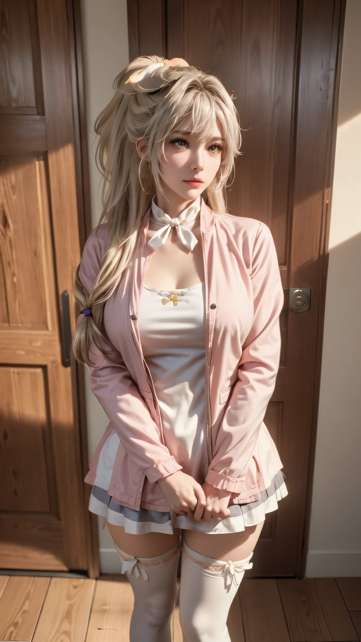 Landscape of a very beautiful 1girl, (((face exposed)))!!!, (cowboy shot), (((front focus))), (((background Blurry))), Bokeh, lens flare, photography with Fujifilm XT3, depth of field, film grain, female focus, BREAK, Sento Isuzu/(Amagi Brilliant Park/), anime style, (((standing in front of wooden door at european house)))!!!, (((snowy forrest)))!!!, (looks at the audience with beautiful yellow iris like topaz)!, Ultra detailed eyes, (Beautiful light yellow eyes like topaz :1.40)!, Stars in her fixed eyes, (homochromatic eyes)!!!, genuine smile, long sleevemouth, (thin fresh peach lips)!, (Blush)!, Perfect nose, Cute little nose, beatiful face, Face Clean, realistic Skin, hyper realistic, make over face, cosmetic, Perfect eyebrow appear through Light yellow hair, yellow hair between eyes, yellow hair bangs, (((Ponytail Hairstyle)))!!!, (((White Hair Tie)))!!!, ((dynamic composition)), BREAK, detached sleeves, close shoulders, /(((wear original pink casual costume of Sento Isuzu from Amagi Brilliant Park)))!!!, (((Light Pink shirt_Plunging Neckline)))!!!, (((coral pink jacket_open jacket_white collar)))!!!, plump breasts, (((plump breast cleavage)))!!!, (((orange Pleated Mini Skirt)))!!!, Slim Legs, open smooth thigh, (((white pantyhose)))!!!, (((thighhighs)))!!!, Brown Shoe, vivid color clothes, detailed realistic clothes, BREAK, Best Quality, Masterpiece, Ultra-detailed, Beautiful, hight resolution, Original, CG 8K, perfect photo, dramatic lighting, Beautiful lighting, (((Realistic fantasy art)))!!!, Realistic, Full HD, Best Quality, award winning, (8k wallpaper of extremely detailed CG unit), High Details, sharp-focus, The art of dramatic and photorealistic painting, ((in front of european wooden door)), dynamic composition, breathtaking rendering, strong color, deep shadow
