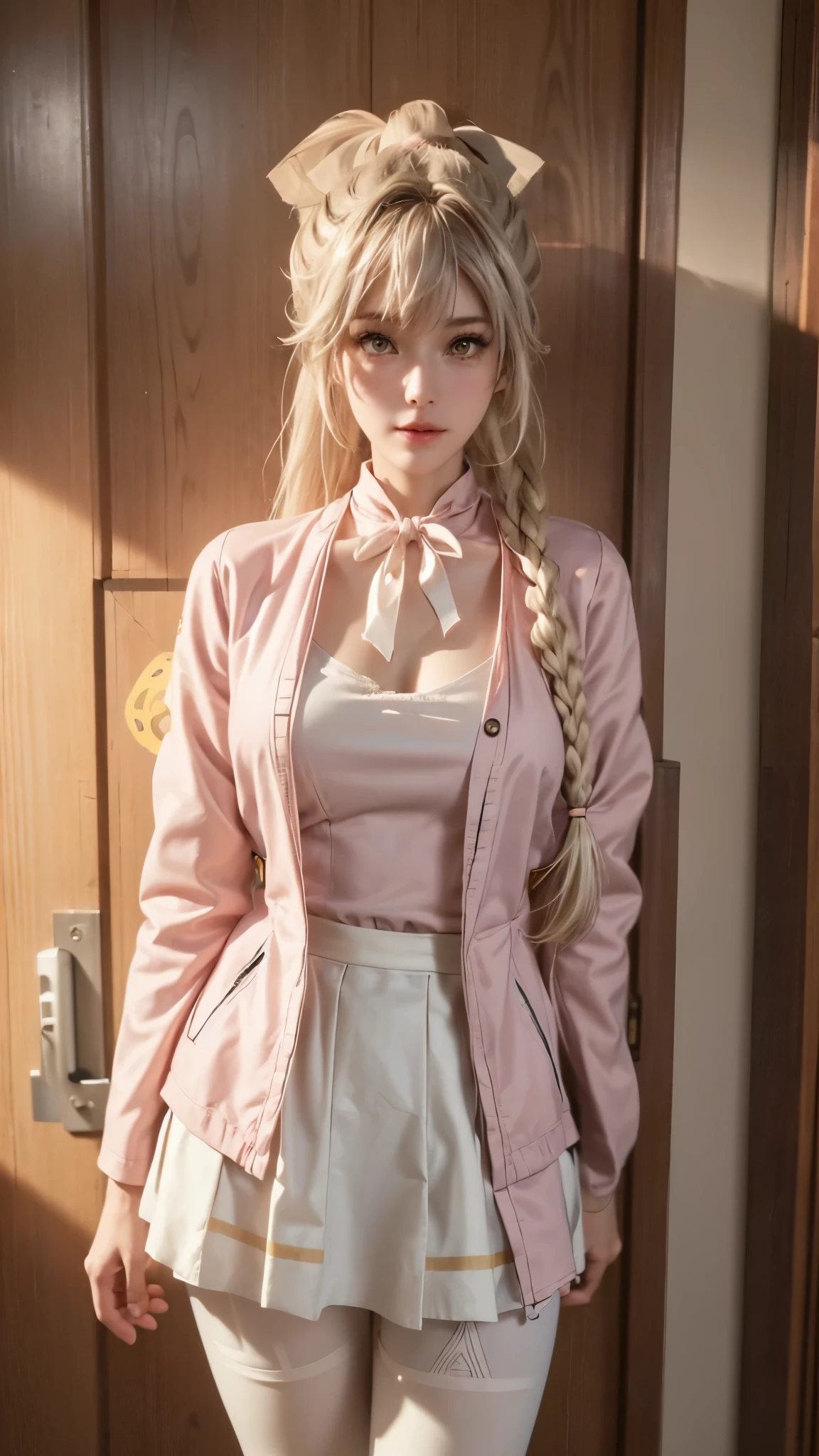 Landscape of a very beautiful 1girl, (((face exposed)))!!!, (cowboy shot), (((front focus))), (((background Blurry))), Bokeh, lens flare, photography with Fujifilm XT3, depth of field, film grain, female focus, BREAK, Sento Isuzu/(Amagi Brilliant Park/), anime style, (((standing in front of wooden door at european house)))!!!, (((snowy forrest 
)))!!!, (looks at the audience with beautiful yellow iris like topaz)!, Ultra detailed eyes, (Beautiful light yellow eyes like topaz :1.40)!, Stars in her fixed eyes, (homochromatic eyes)!!!, genuine smile, long sleevemouth, (thin fresh peach lips)!, (Blush)!, Perfect nose, Cute little nose, beatiful face, Face Clean, realistic Skin, hyper realistic, make over face, cosmetic, Perfect eyebrow appear through Light yellow hair, yellow hair between eyes, yellow hair bangs, long straigh yellow hair, (((Ponytail hairstyle)))!!!, (((White Hair Tie_Ponytail Holders)))!!!, ((dynamic composition)), BREAK, detached sleeves, close shoulders, /(((wear original pink casual costume of Sento Isuzu from Amagi Brilliant Park)))!!!, (((Light Pink shirt_Plunging Neckline_Decolletage)))!!!, (((coral pink jacket_open jacket_white collar)))!!!,  plump breasts, (((plump breast cleavage)))!!!, (((orange Pleated Mini Skirt)))!!!, Slim Legs, open smooth thigh, (((white pantyhose)))!!!, thighhighs, Brown Shoe, vivid color clothes, detailed realistic clothes, BREAK, Best Quality, Masterpiece, Ultra-detailed, Beautiful, hight resolution, Original, CG 8K, perfect photo, dramatic  lighting, Beautiful lighting, (((Realistic fantasy art)))!!!, Realistic, Full HD, Best Quality, award winning, (8k wallpaper of extremely detailed CG unit), High Details, sharp-focus, The art of dramatic and photorealistic painting, ((in front of european wooden door)), dynamic composition, breathtaking rendering, strong color, deep shadow