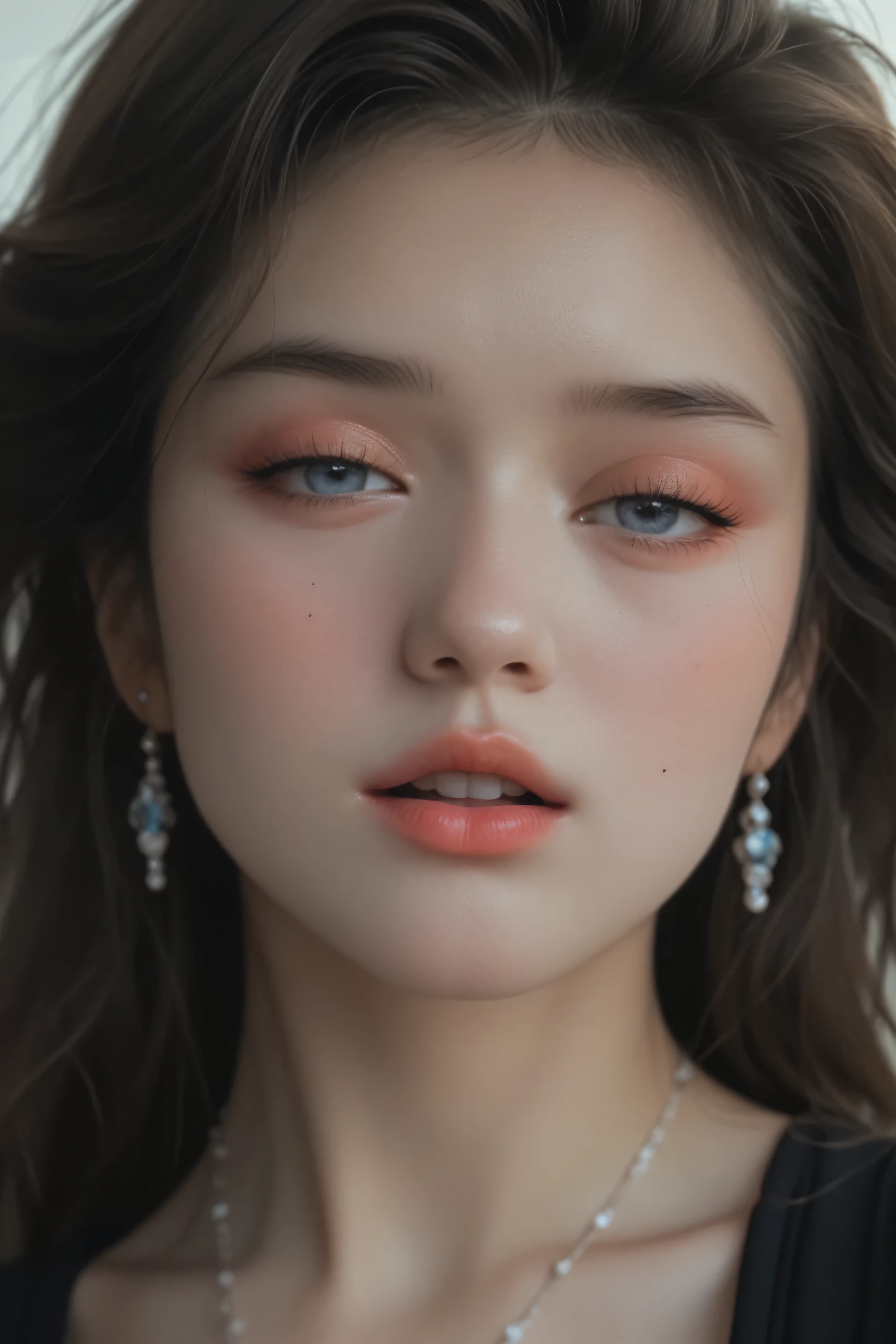 80’s glam rock makeup on shiny android face, anime, 2.5D, moody lighting, (purples, pinks, and blues), iridescent face, abstract ai model, pretty, sexy, minimal, sleek, slender, asian, elegant, chic, futuristic, retro, sophisticated half human half machine, close up face portrait, mouth open wide, half-closed eyes, 
