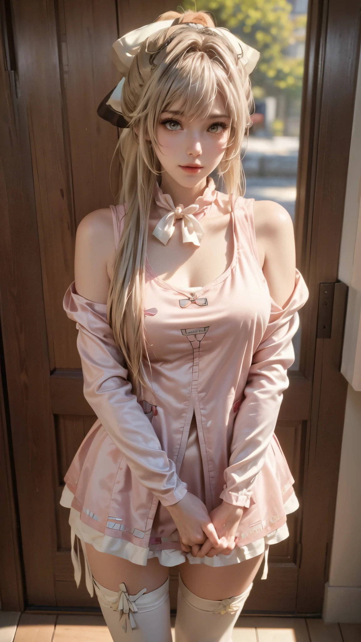 Landscape of a very beautiful 1girl, (((face exposed)))!!!, (cowboy shot), (((front focus))), (((background Blurry))), Bokeh, lens flare, photography with Fujifilm XT3, depth of field, film grain, female focus, BREAK, Sento Isuzu/(Amagi Brilliant Park/), anime style, (((standing in front of wooden door at european house)))!!!, (((snowy forrest)))!!!, (looks at the audience with beautiful yellow iris like topaz)!, Ultra detailed eyes, (Beautiful light yellow eyes like topaz :1.40)!, Stars in her fixed eyes, (homochromatic eyes)!!!, genuine smile, long sleevemouth, (thin fresh peach lips)!, (Blush)!, Perfect nose, Cute little nose, beatiful face, Face Clean, realistic Skin, hyper realistic, make over face, cosmetic, Perfect eyebrow appear through Light yellow hair, yellow hair between eyes, yellow hair bangs, (((Ponytail Hairstyle_silk white ponytail holder)))!!!, (((White Hairbow)))!!!, ((dynamic composition)), BREAK, detached sleeves, close shoulders, /(((wear original pink casual costume of Sento Isuzu from Amagi Brilliant Park)))!!!, (((Light Pink shirt_Plunging Neckline)))!!!, (((coral pink jacket_open jacket_white collar)))!!!, plump breasts, (((plump breast cleavage)))!!!, (((orange Pleated Mini Skirt)))!!!, Slim Legs, open smooth thigh, (((white pantyhose)))!!!, (((thighhighs)))!!!, Brown Shoe, vivid color clothes, detailed realistic clothes, BREAK, Best Quality, Masterpiece, Ultra-detailed, Beautiful, hight resolution, Original, CG 8K, perfect photo, dramatic lighting, Beautiful lighting, (((Realistic fantasy art)))!!!, Realistic, Full HD, Best Quality, award winning, (8k wallpaper of extremely detailed CG unit), High Details, sharp-focus, The art of dramatic and photorealistic painting, ((in front of european wooden door)), dynamic composition, breathtaking rendering, strong color, deep shadow