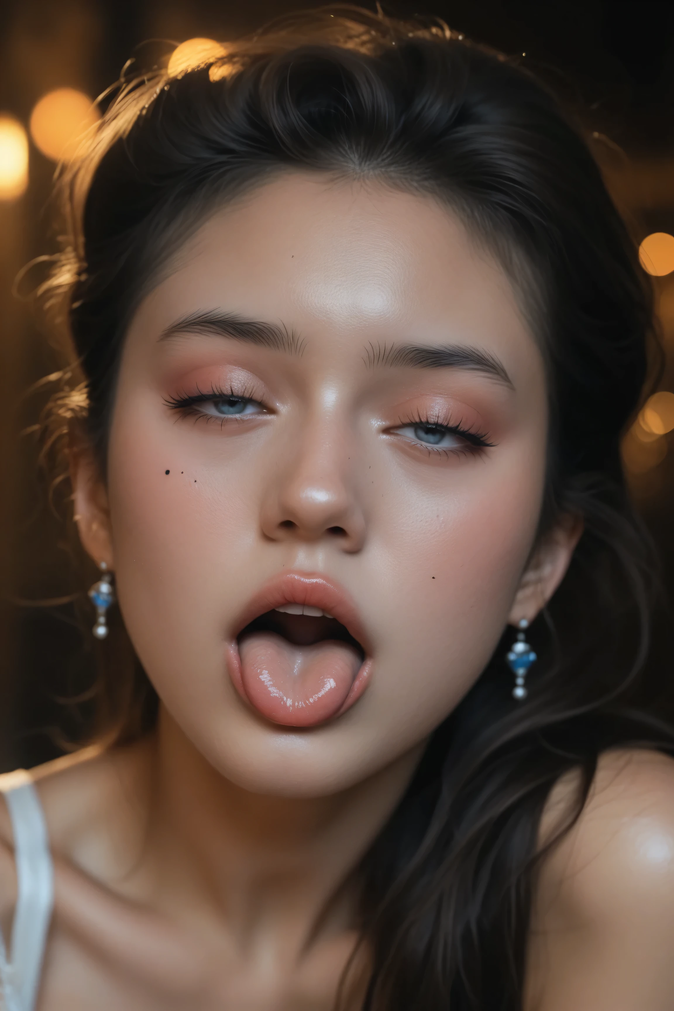 80’s glam rock makeup on shiny android face, anime, 2.5D, moody lighting, (purples, pinks, and blues), iridescent face, abstract ai model, pretty, sexy, minimal, sleek, slender, asian, elegant, chic, futuristic, retro, sophisticated half human half machine, close up face portrait, mouth open wide, ((((ahegao)))), orgasm, half-closed eyes, blowjob,