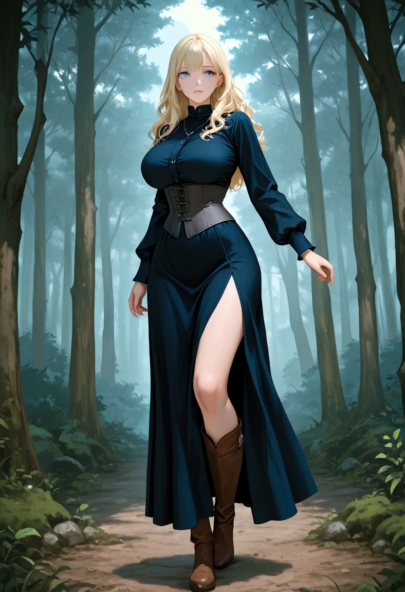woman, ((Masterpiece, best quality)), full body view, bursting huge breasts, detailed skin, Anna from Frozen as a forest ranger, on a path in the forest, high heels, stockings, glowing eyes from the bushes, Elegant ranger outfit, highly detailed, cinematic lighting, ultra realistic, blush, looking at viewer, anna, anna from movie Frozen.