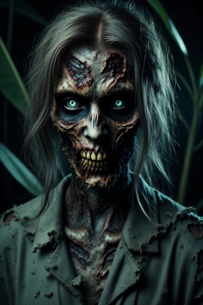 Female zombie, spitter acidic, full body, acidic female zombie, long hair,