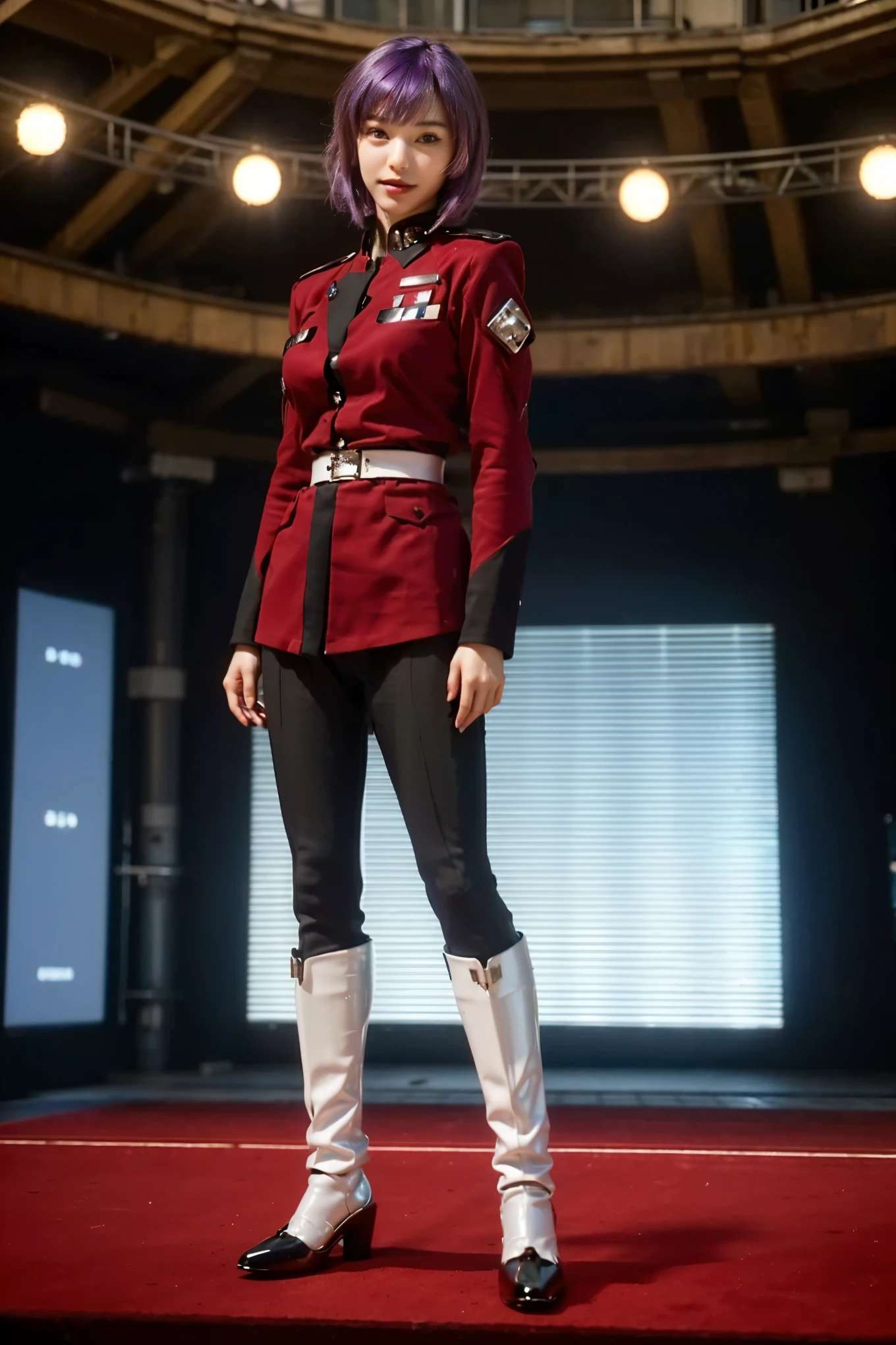 (Completely live action:1.37), (Amazingly realistic textures:1.37), (masterpiece, best quality:1.2), (8k uhd, 16k, 32k, ultra high res), amazingly realistic skin, amazingly realistic photo, superrealism, (photorealistic:1.37), (RAW photo), ultimately realistic, (ultimately realistic all details), (ultimately realistic all textures), super realistic lighting, super realistic shadow, (japanese girl:1.5), ((young face)), smiling, happy, super realistic face, ultimately realistic skin, ultimately realistic eyes, (mascara:1.35)ultimately realistic background, ultimately realistic detail up, kkw-ph1, ((drooping eyes, cyberpunk-style cyborg girl, amazingly intricate details, Anatomically perfect hands, mechanical body, silver knight armor, ultra glossy texture, purple hair))