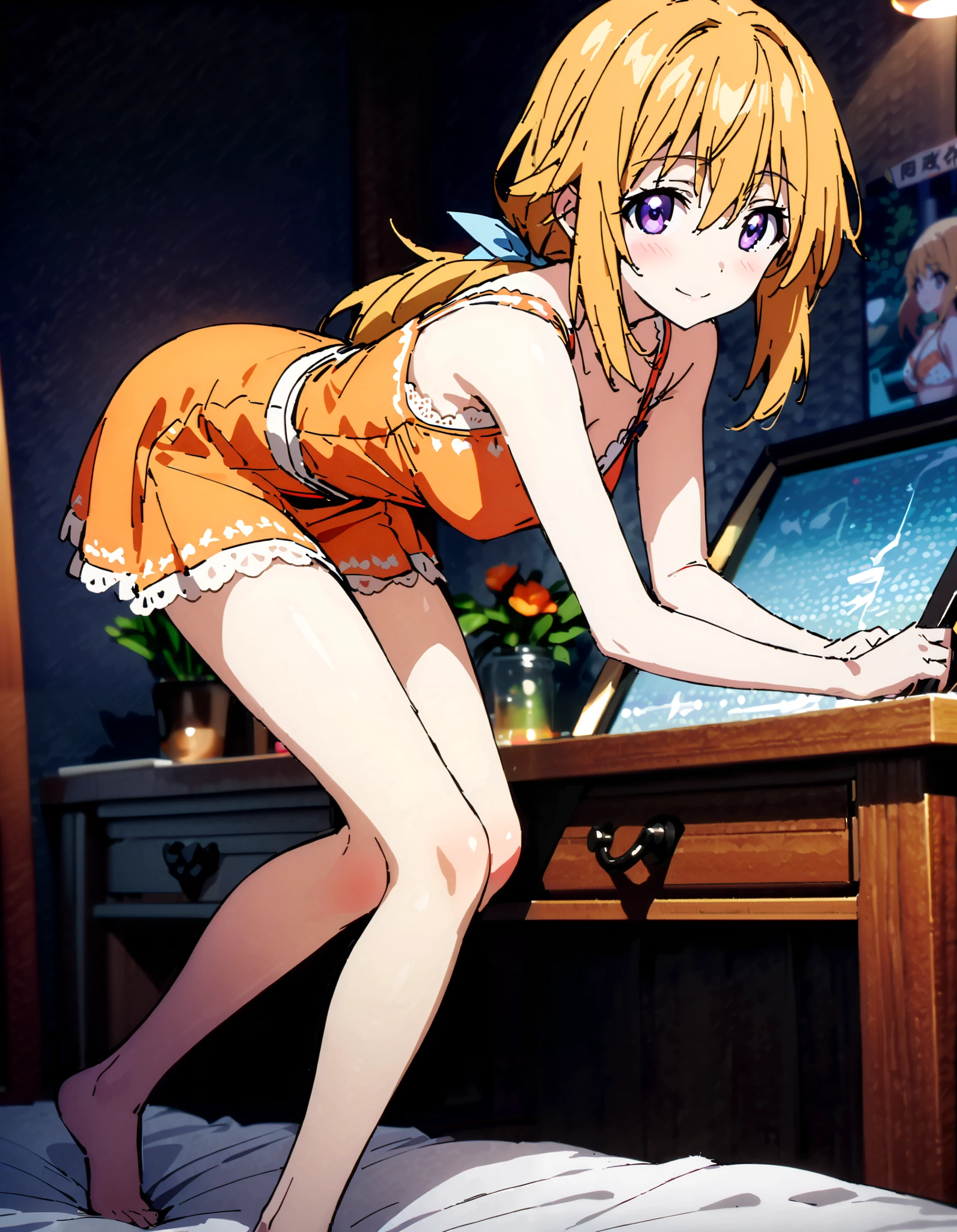 Charlotte Dunois, Charlotte Dunois , long hair,Alone, blonde hair , ribbon, 紫色の目, smile,blush, Embarrassing, legs , ponytail , hair ribbon,Orange Bra,orange string underwear ,Bare legs, standing on all fours on the bed, decor,Photo Frame, beautiful night view with depth,whole bodyがイラストに入るように,
break looking at viewer,whole body,
break indoors,bedroom,,
break (masterpiece:1.2), top quality, high resolution, unity 8k 壁紙 , (shape:0.8), ( attention to beautiful details :1.6), highly detailed faces at a pachinko parlor, perfect lighting, Highly detailed CG, ( perfect hand, perfect anatomy ),