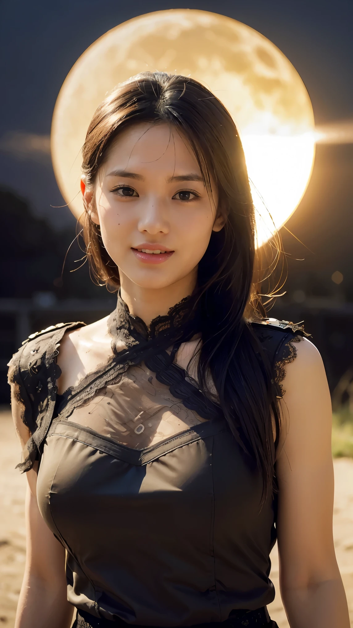 girl in military uniform, top quality, Masterpiece, super high resolution, supermodel, very beautiful face , pure body, Pores are visible, big breasts (smile:0.8), Wearing cultural costumes ( lace band :1.2), ( realism:1.5), original photo , body, Get sweaty , shoulder out, in the dark , Low Key, Cold Light(( top quality)), (( Masterpiece)), ( Details), perfect face. watching the solar eclipse