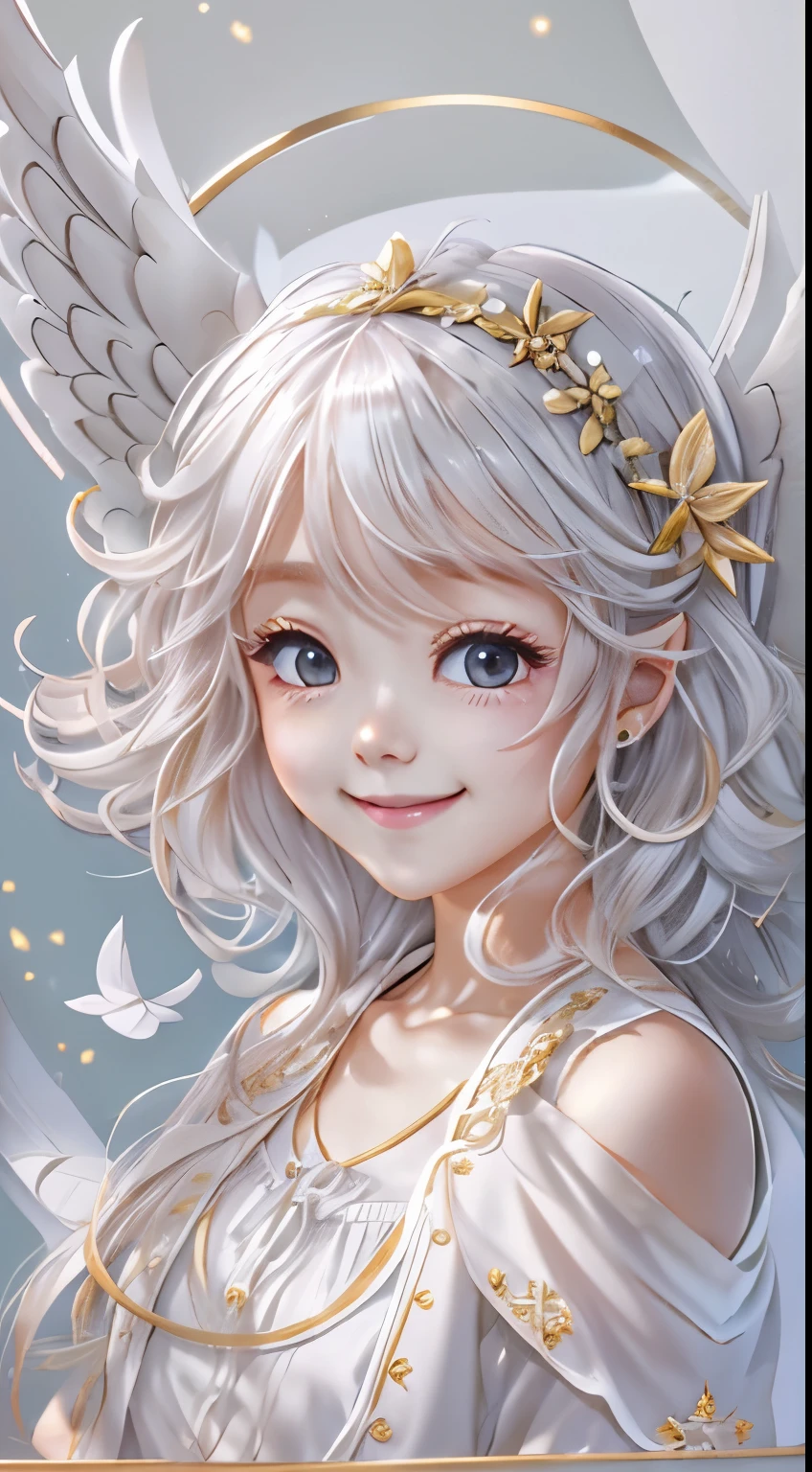 curly hair, angel, cheerful smile, love, light, shine, glitter, lassen, high quality, rococo, medieval, ribbon, flower --auto --s2