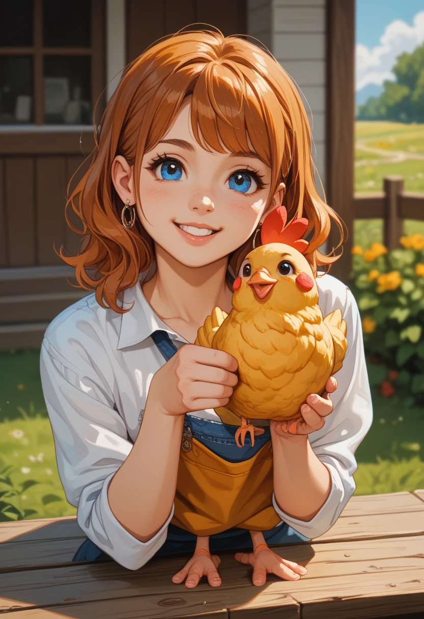1girl and 1rooster,,cute,big breast,cleavage,in chicken coop,sunshine,in morning