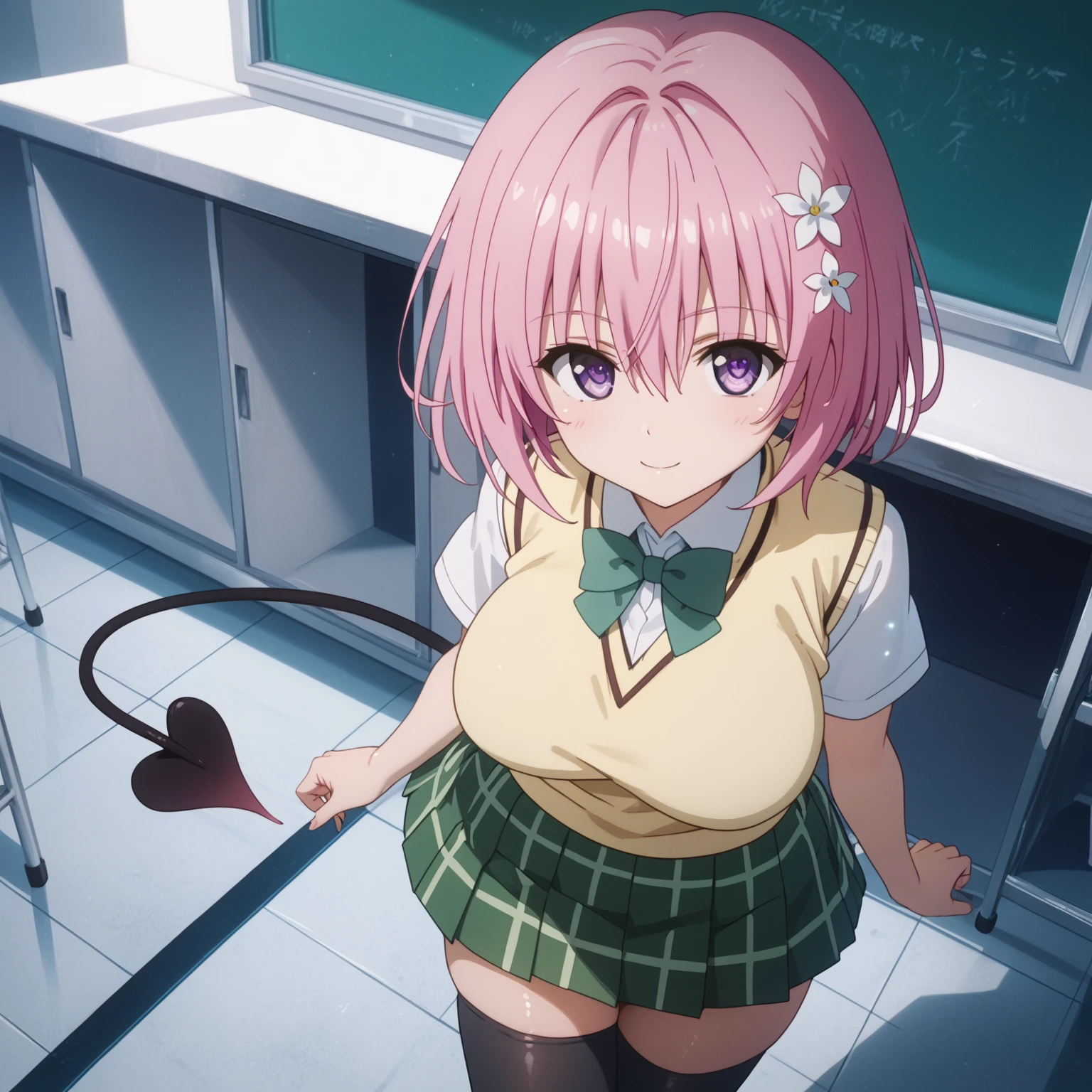 ((masutepiece, Best Quality, hight resolution, nffsw, Perfect Pixel, depth of fields, 4K, )), 1girl in, Solo, Lori, Beautiful anime girl, Beautiful Art Style, 
close up, Looking at Viewer, 
Perfect body,  

Yuigahama Yui,  Short hair, Pink hair, large boob, 

white frilly blouse, black short pencil skirt, Pink tie, 
thighs thighs thighs thighs, shortsleeves, (cleavage:0.7) 
crass room, highschool, a desk, 
Smile , blush, pink glasses, 
From  above, Upper Eyes, Focus,
Leading Ahead,