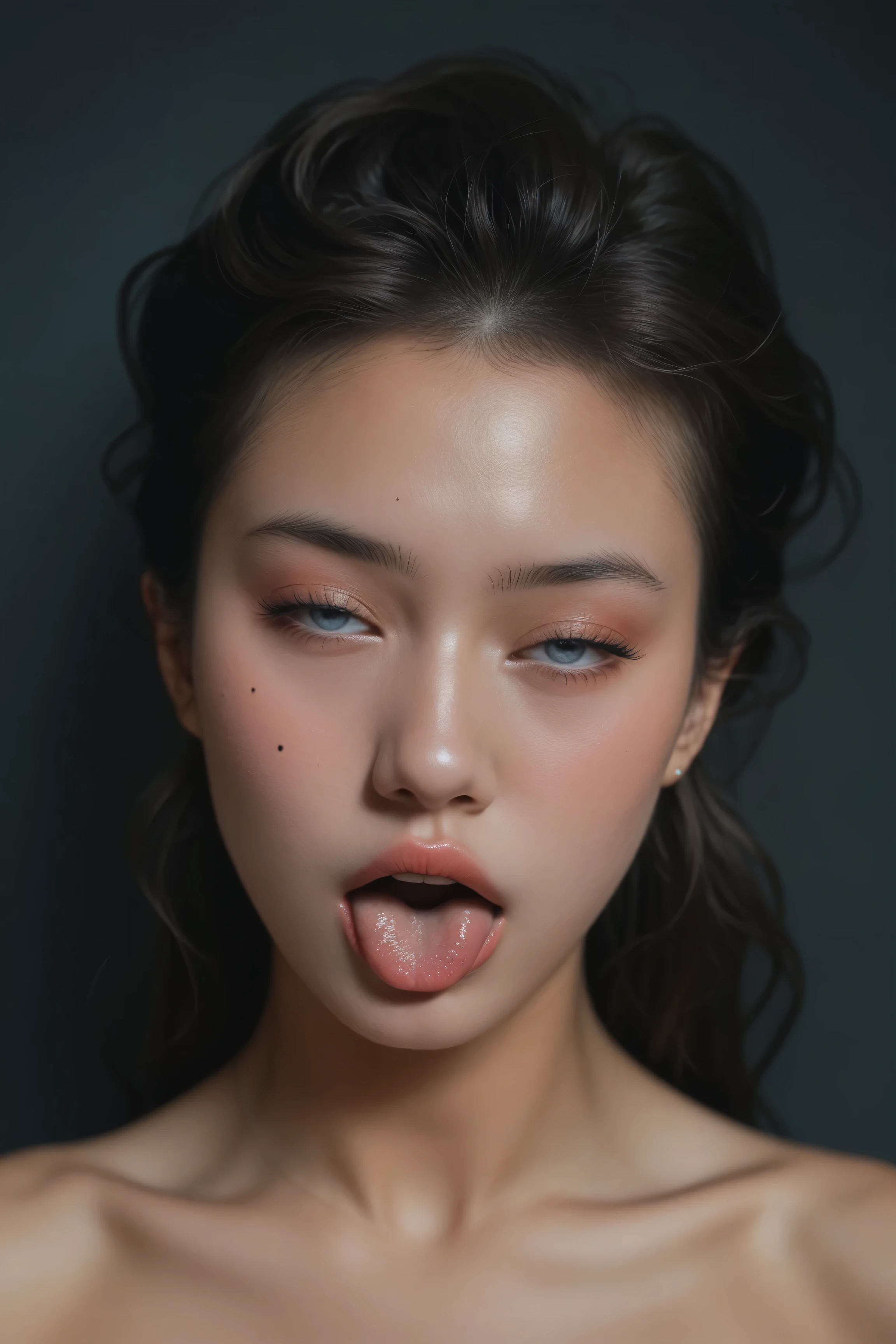 80’s glam rock makeup on shiny android face, anime, 2.5D, moody lighting, (purples, pinks, and blues), iridescent face, abstract ai model, pretty, sexy, minimal, sleek, slender, asian, elegant, chic, futuristic, retro, sophisticated half human half machine, close up face portrait, mouth open wide, ((((ahegao)))), tongue out, orgasm, half-closed eyes, blowjob, 
