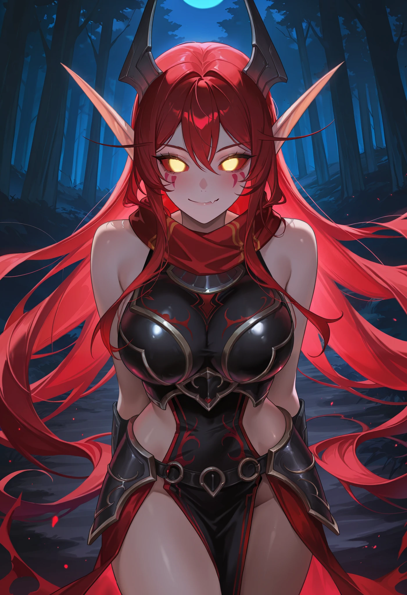 masterpiece, best quality, absurdres, highres, newest, 1girl, solo, nghtelf, pointy ears, colored sclera, glowing eyes, no pupils, no eyes, colored skin, facial mark, rdhddl, yellow eyes, red hair, very long hair, headgear, large breasts, smile, skin fang, looking at viewer, blush, fantasy, scarf, tabard, bare shoulders, pelvic curtain, armor, dark, darkness, night, outdoors, forest