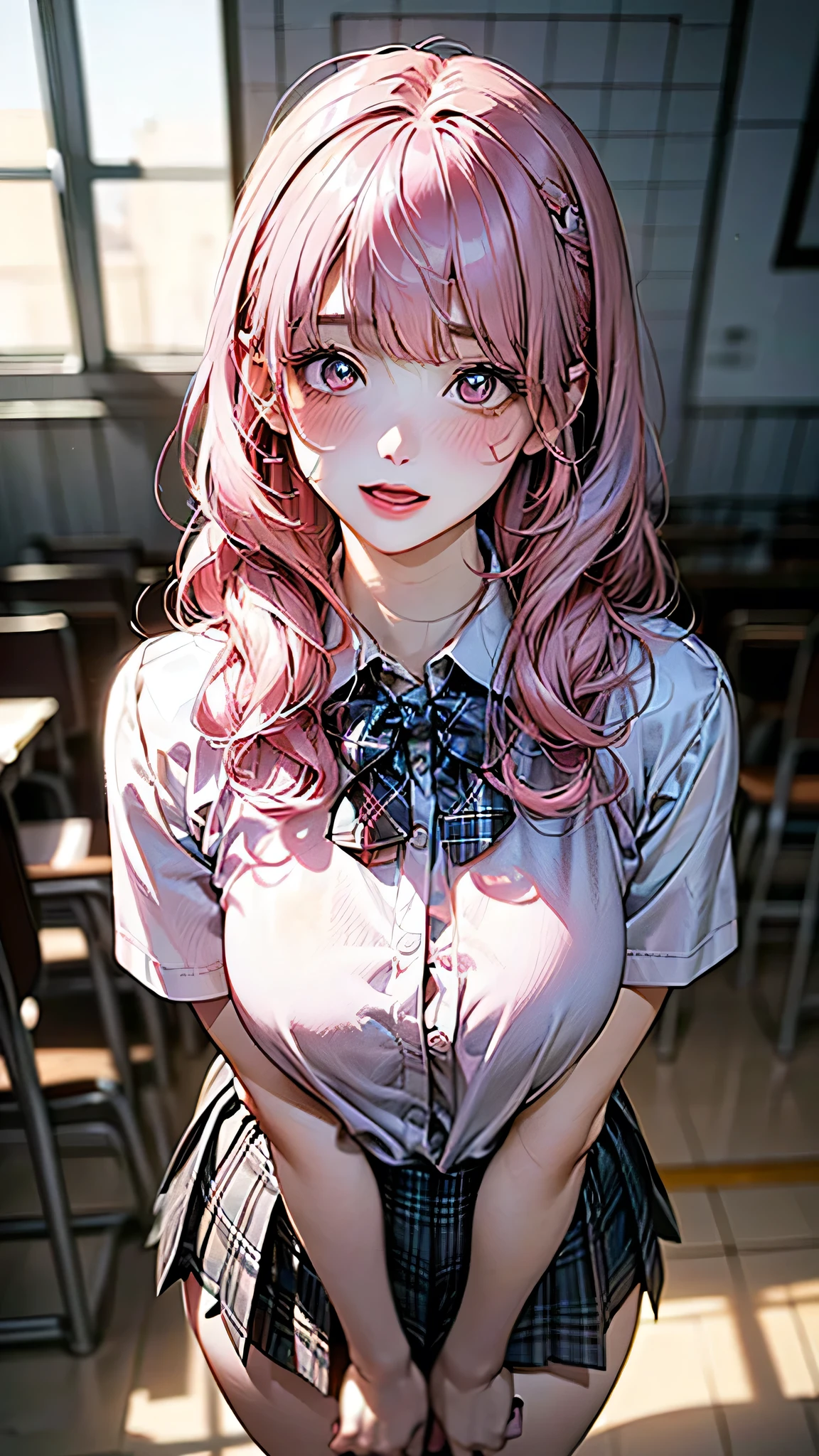 ((Highest quality, 8k, masterpiece :1.3)), (Sharp focus :1.2, Beautiful woman with perfect figure :1.4, Slim Abs), ((Big Breasts, Emphasize cleavage:1.2)), (Photorealistic:1.4), (realistic:1.4), (Pink Hair:1.5), Highly detailed face and skin texture, Fine grain, double eyelid. Makeup face, A little bit of lipstick, sex appeal, Sexy gravure pose, ((A high school girl wearing a white ribbon blouse and a pink pleated skirt。In the background is the cafeteria、She has friends around her。She is smiling and posing sexy while sitting at a cafeteria table。Simple earrings and a necklace are the accessories.。:1.3))