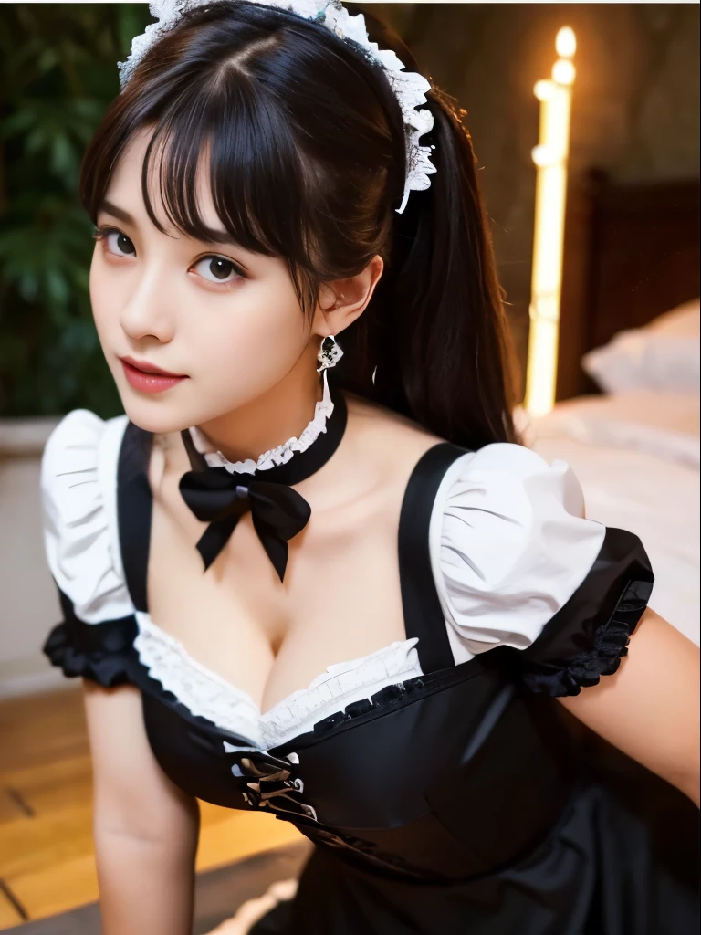 (realistic, photo-realistic:1.37), incredibly absurd, (Extremely detailed:1.3), 8K, (masterpiece), (highest quality:1.4), (ultra high resolution:1.2), (RAW photo:1.2), super detailed background, (unity 8K wallpaper), 1 nogizaka girl, So cute, (bishojo:1.35), (17yo:1.4), (jirai fashion with white and black and pink), (A delicate and beautiful face, eyes, and skin), (Beautiful dress with delicate details), Gothic Maid, medium breasts, (cleavage:1.25), (open chest), (dense black shiny hair), (elegant frills), (bow tie), (blue rose hair accessories), (smile at the camera), whole body, european castle landscape, professional lighting, 1 girl, (black mask)