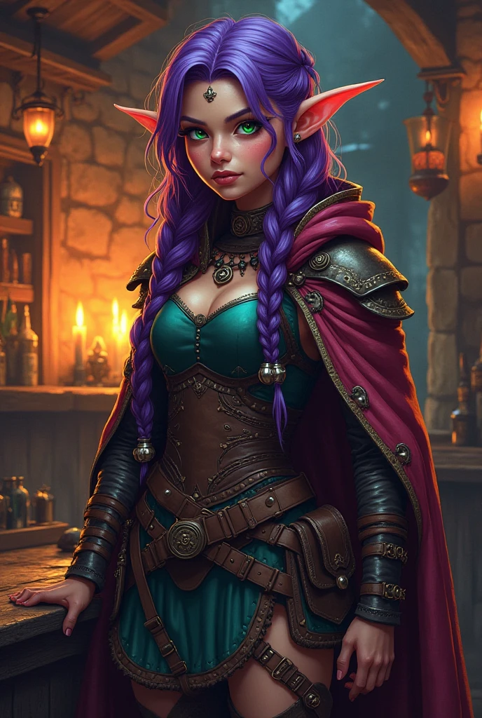 A half-elf with purple hair ,  braided in braids with silver bells , eyes, changing colors from emerald and green,  eccentric colorful cloak with many pockets ,  background — a tavern with dim light and magical attributes on the walls ,  the atmosphere is mysterious and a little theatrical , she is dressed in leather armor with a small skirt and over the knee boots style — comic or cartoon with fantasy elements like the Lord of the Rings or the Vox Machine, leather and metal detailing ,  dark tones with orange accents from fire 