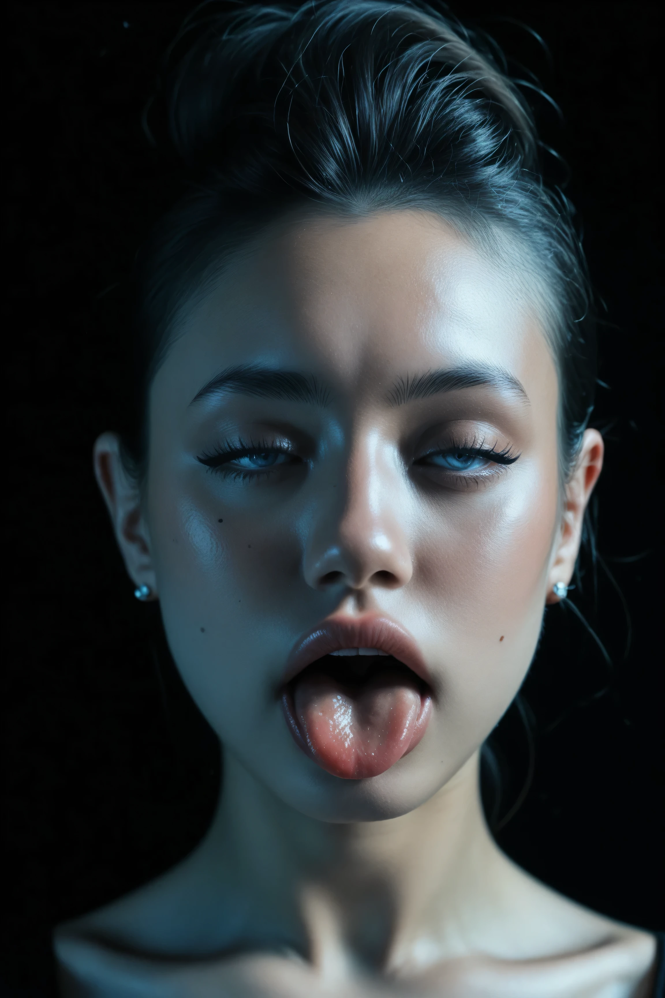 80’s glam rock makeup on shiny android face, anime, 2.5D, moody lighting, (purples, pinks, and blues), iridescent face, abstract ai model, pretty, sexy, minimal, sleek, slender, asian, elegant, chic, futuristic, retro, sophisticated half human half machine, close up face portrait, mouth open wide, ((((ahegao)))), tongue out, orgasm, half-closed eyes, blowjob, 
