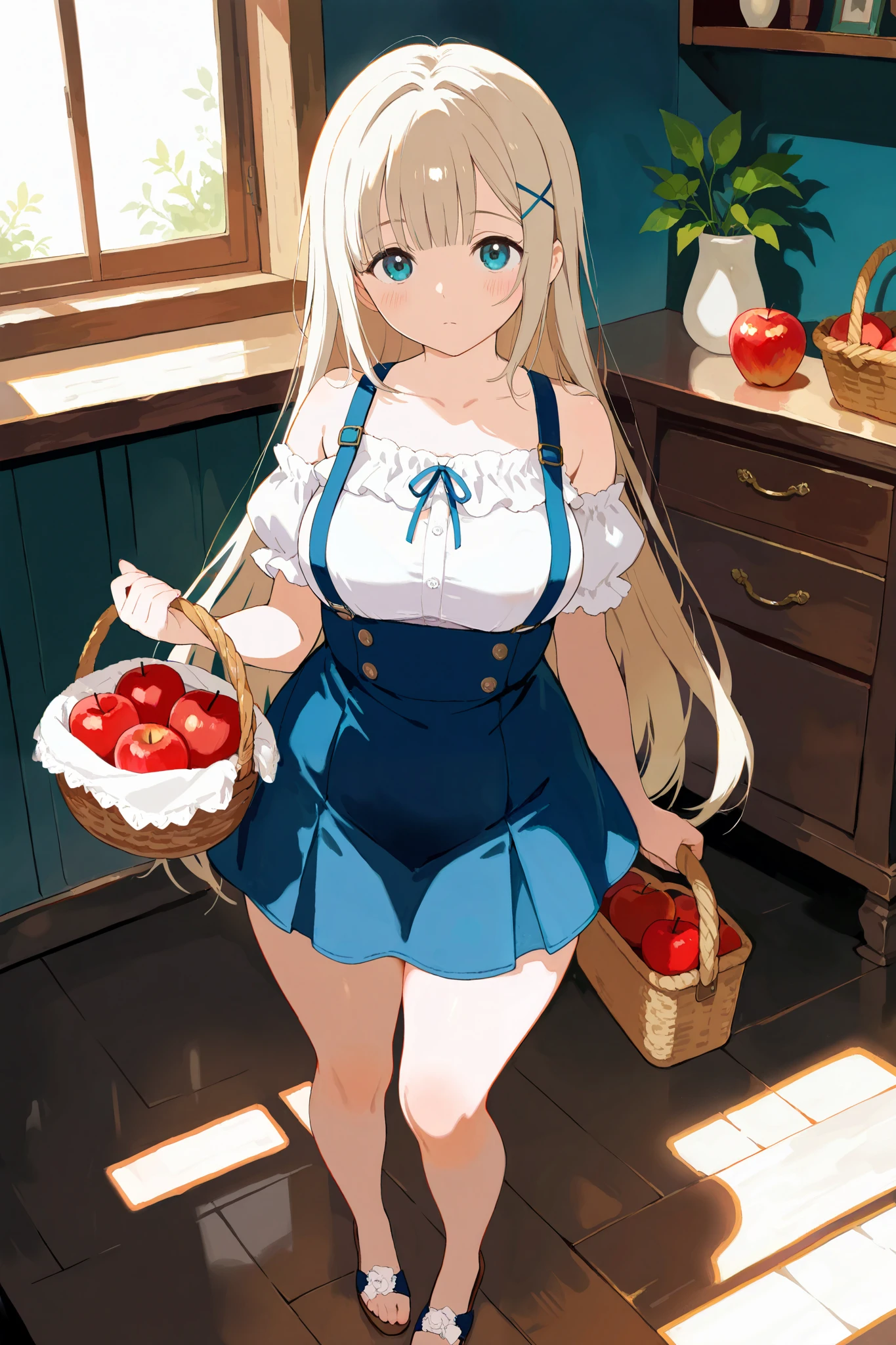 masterpiece, best quality, absurdres, very aesthetic, general,
1girl, solo, hair ornament, looking at viewer, indoors, very long hair, hairclip, blue eyes, window, blush, bare shoulders, bangs, plant, closed mouth, basket, collarbone, off shoulder, white shirt, holding basket, detached sleeves, puffy short sleeves, blonde hair, suspenders, blunt bangs, full body, sunlight, suspender skirt, frills, standing, drawer, puffy sleeves, aqua eyes, sleeveless dress, eyebrows visible through hair, blue skirt, apple, overalls, bob cut, light brown hair, table, high-waist skirt, expressionless, platinum blonde hair, eyelashes, cabinet, hairpin, chest of drawers, buttons, sleeveless shirt, eyebrows behind hair, from front, pinafore dress, white blouse, x hair ornament, plump Breasts, curvaceous, plump thighs,