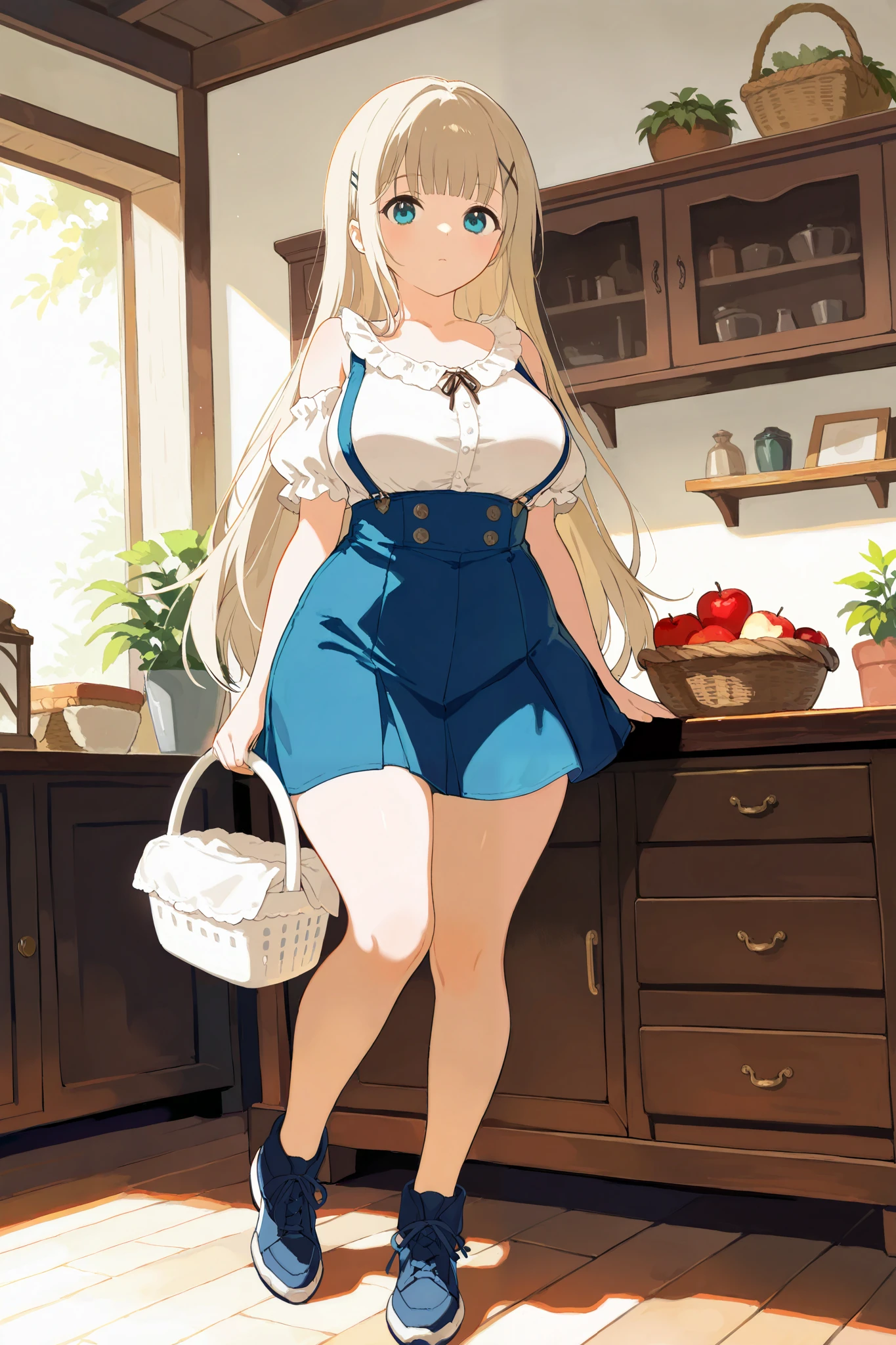masterpiece, best quality, absurdres, very aesthetic, general,
1girl, solo, hair ornament, looking at viewer, indoors, very long hair, hairclip, blue eyes, window, blush, bare shoulders, bangs, plant, closed mouth, basket, collarbone, off shoulder, white shirt, holding basket, detached sleeves, puffy short sleeves, blonde hair, suspenders, blunt bangs, full body, sunlight, suspender skirt, frills, standing, drawer, puffy sleeves, aqua eyes, sleeveless dress, eyebrows visible through hair, blue skirt, apple, overalls, bob cut, light brown hair, table, high-waist skirt, expressionless, platinum blonde hair, eyelashes, cabinet, hairpin, chest of drawers, buttons, sleeveless shirt, eyebrows behind hair, from front, pinafore dress, white blouse, x hair ornament, plump Breasts, curvaceous, plump thighs,