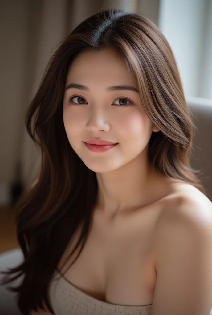 (8K, RAW Photos:1.2), Detailed face and eyes, Highest quality, Ultra-high resolution, Very detailed, Ultra-intricate details, Tabletop, Very cute girl, Soft cinematic light, Hyper Detail, Sharp focus, super high quality, Long wavy hair with brown hair, A cute old girl, Very beautiful plump G cup, The whole body is shown, Quite embarrassed,Really kissing face, Plump whole body, Inside a stylish hotel, topless, Very beautiful nipples, Full body nude, Extremely realistic skin texture, Smiling and looking at me