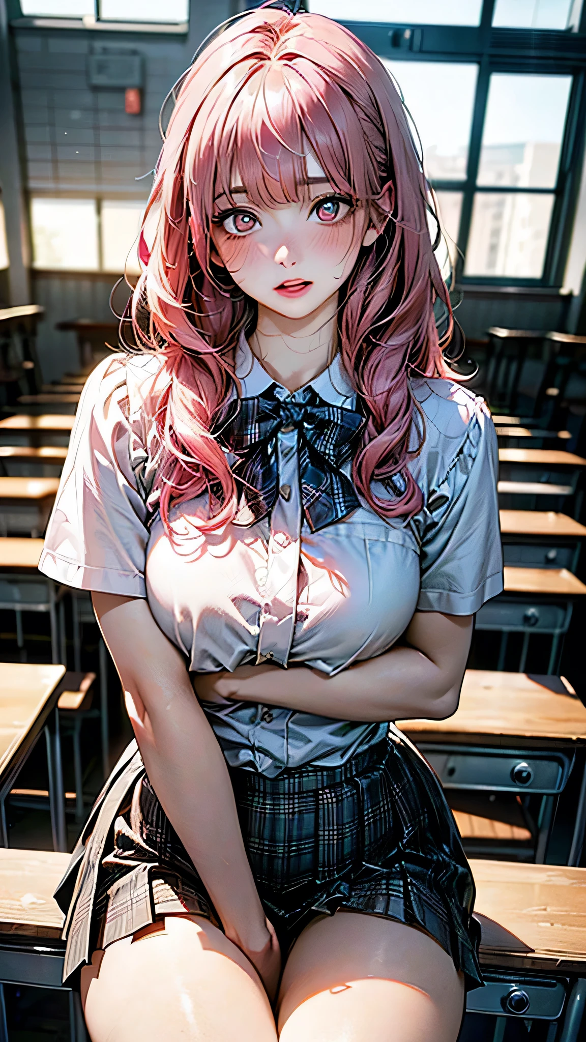 (Masterpiece, BestQuality:1.3), (ultra detailed:1.2), (hyperrealistic:1.3), (RAW photo:1.2), High detail RAW color photo, professional photograph, (Photorealistic:1.4), (realistic:1.4), (Pink Hair:1.5), professional lighting, perfect anatomy, (Big Breasts:1.2), (blush, detailed face), (cheerful Smile:1.5), Trending Hair&Trending Hairカラーをランダムに, earrings, necklace, bracelet, sexly, erotic sexly, Random sexy gravure poses, (A beautiful girl in a sailor suit、While sitting on a desk in the classroom, she lifted her skirt with both hands.、Smiling mischievously。The white knee socks and ribbon blouse are adorable.。: 1.3)