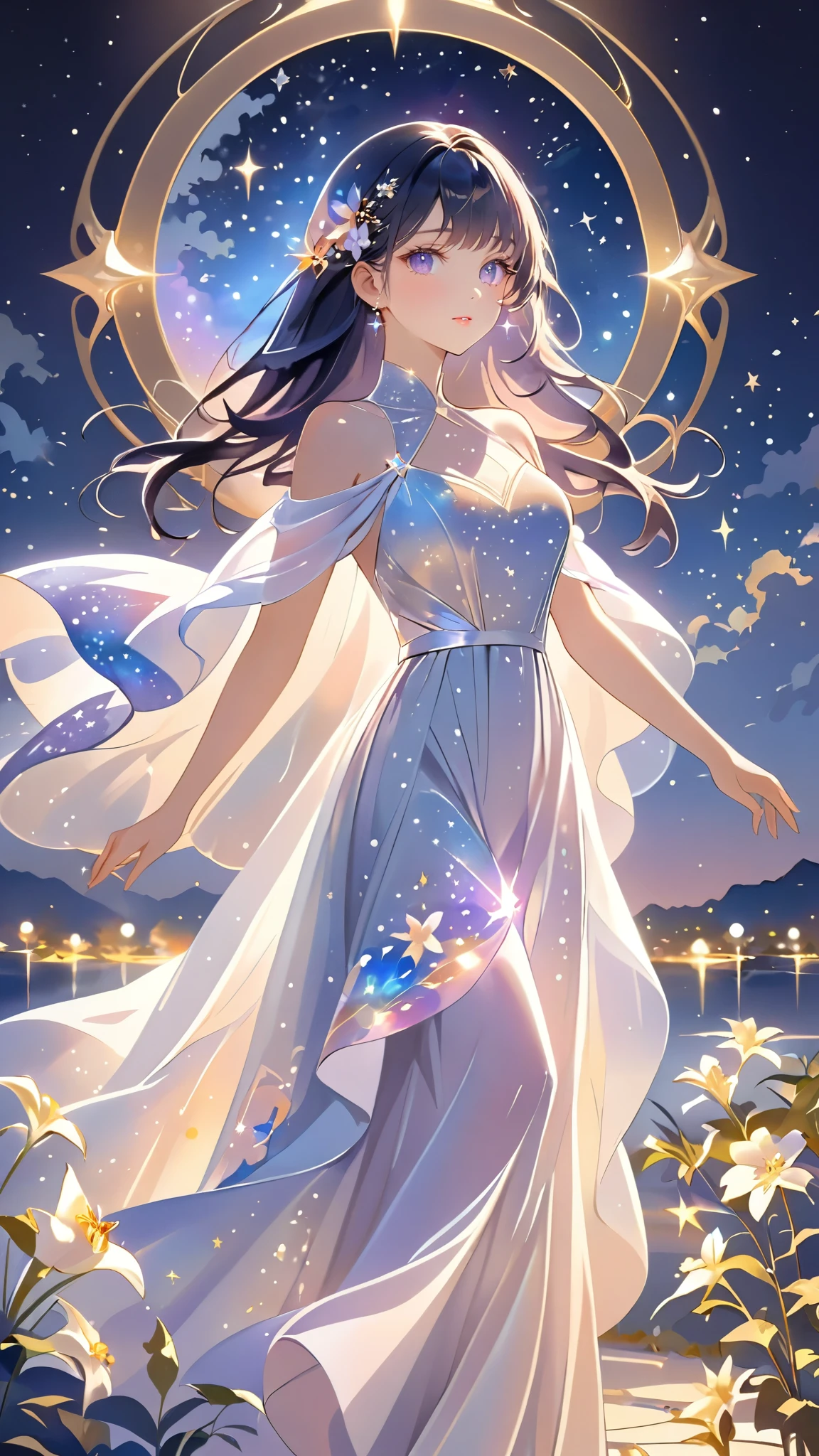 A girl standing alone under the starry night sky, with her silhouette illuminated by the soft moonlight and twinkling stars. Her face is beautifully detailed, with mesmerizing eyes that seem to reflect the universe itself, long and fluttering eyelashes, and exquisitely defined lips. She has very long dark purple hair and is dressed in an elegant gown, flowing and ethereal, embracing her figure gracefully as it glimmers with a subtle celestial glow. The intricate details of her dress catch the faint starlight, creating a mesmerizing sparkle. The surrounding landscape showcases a serene garden, lush with vibrant foliage and colorful flowers. The air is filled with a gentle breeze, causing the leaves to rustle and the flowers to sway delicately. The garden is bathed in a warm, dreamy color palette, with hues of deep blues, purples, and hints of silver. The atmosphere is calm and tranquil, evoking a sense of peace and serenity. The artwork is of the highest quality, meticulously created with ultra-detailed brushstrokes and precise attention to every element. The texture and depth of the painting are breathtaking, with a sense of realism and photorealism that captures the awe-inspiring beauty of the night sky. The lighting is soft and diffused, casting a gentle glow over the entire scene, enhancing the magical ambiance. The girl's presence radiates a sense of mystery and wonder, as if she holds a secret connected to the celestial beings above. The overall composition evokes a feeling of timelessness and captures the essence of a StarSign, an artwork that embodies the celestial beauty and inner strength of a girl in harmony with the stars.