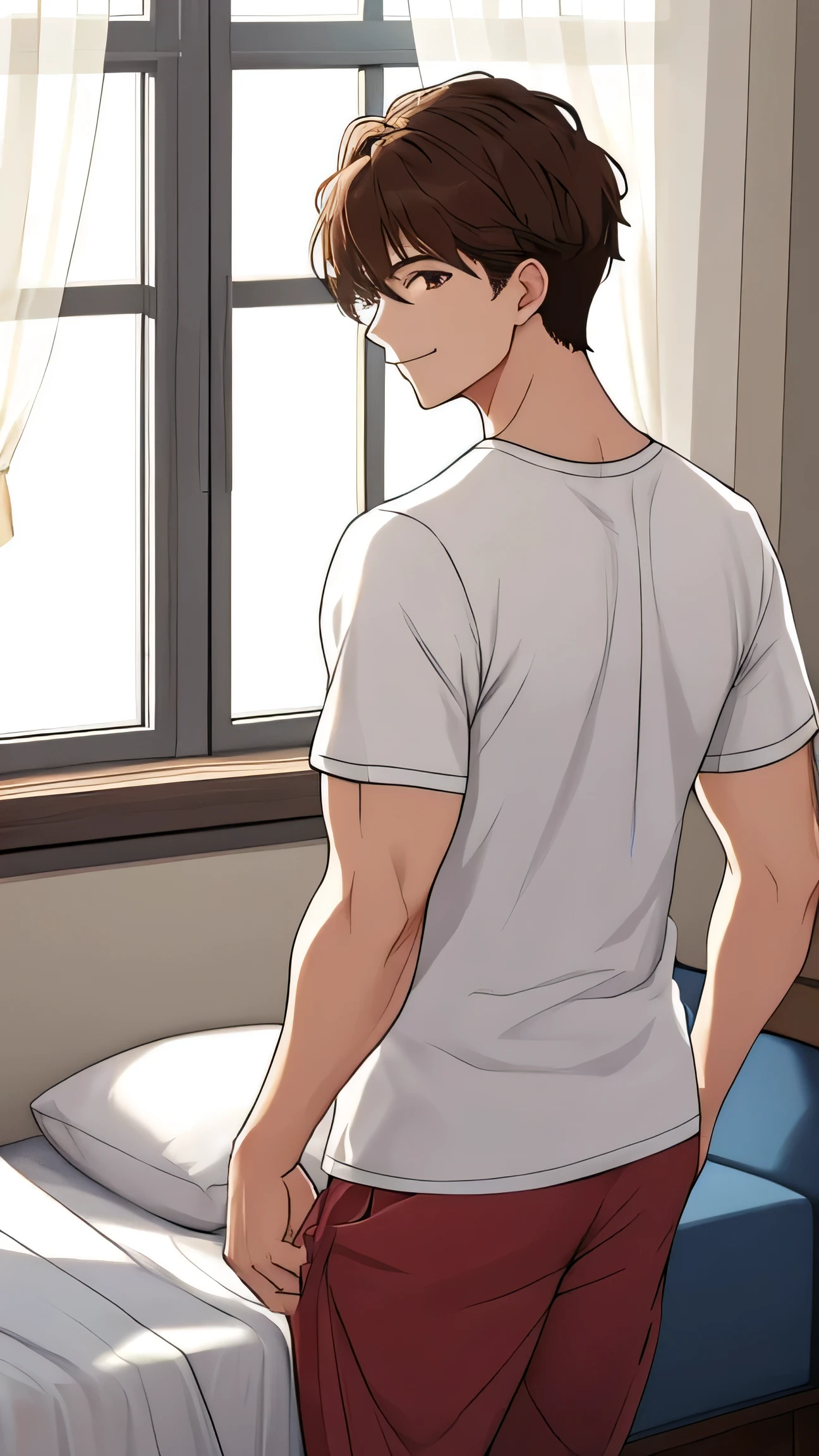 shirtless 16 year old boy standing talking