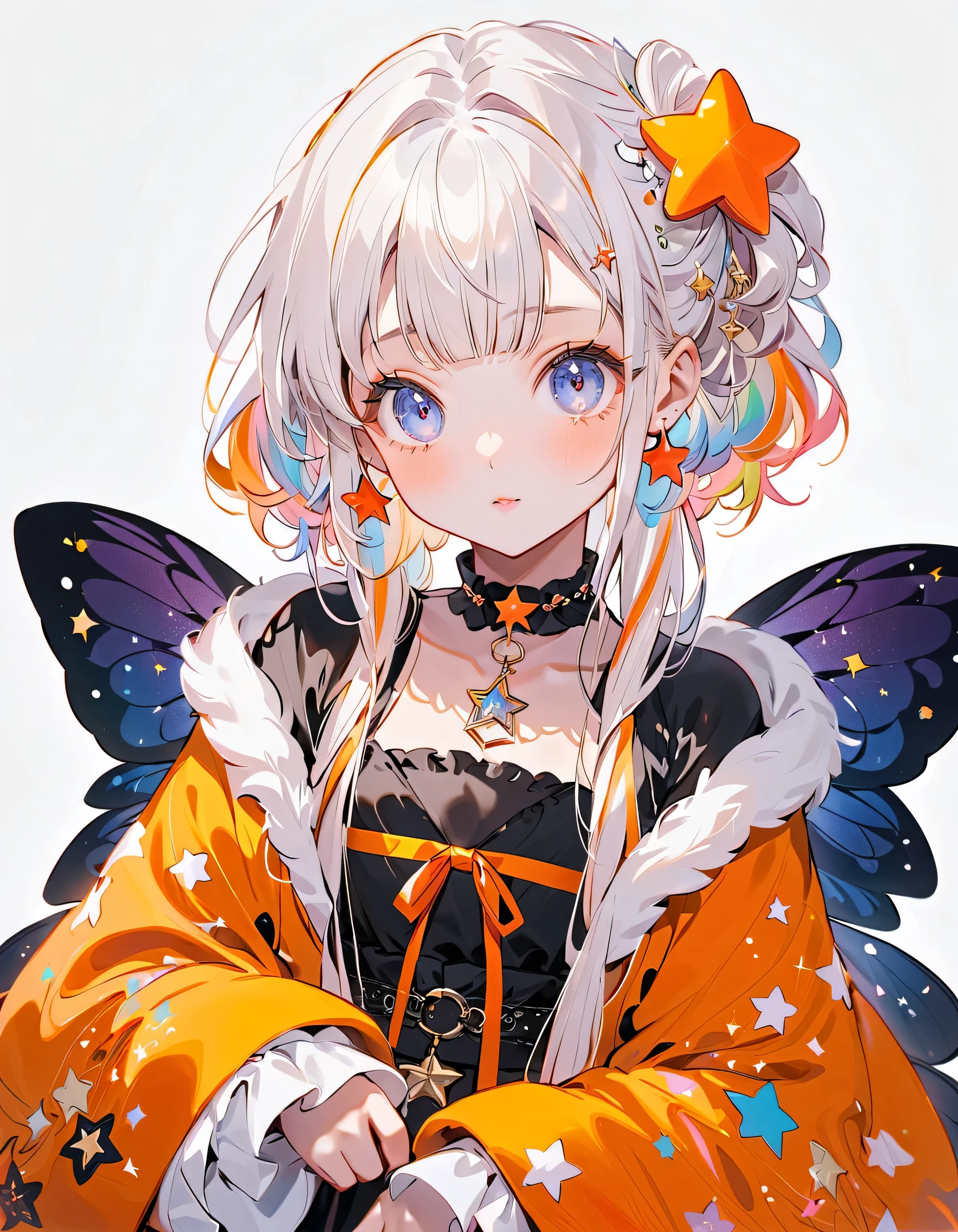  best detail、  in the seat，，Blink， （  the hair color is milky white and the tips of the fur are blue）、  cutest girl in the world   ，（orange neon color star choker、Ruffles on the collar、 Wear a colorful and cute goth kimono costume  ,Shoulders are exposed、The cuffs are long and wide 、Clothes pattern that feels like space 、） star fairy , Wear a colorful and cute goth kimono costume   with little fairy feathers growing from above your waist 、  simple background、 Best Details 、Rainbow Hair Ornament、 VTuber character designs、 glitter、Sparkle、