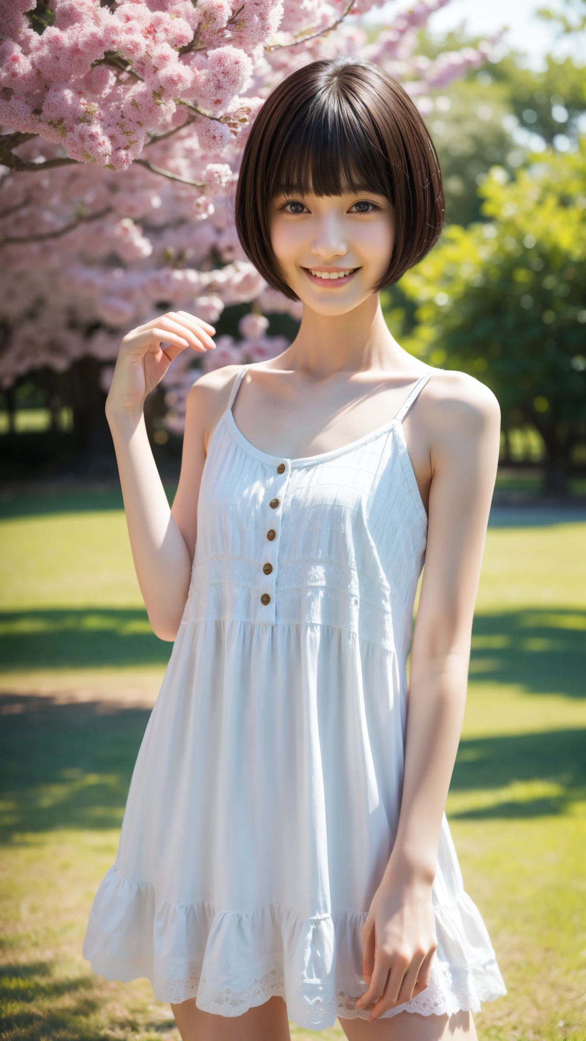 realistic, photo-realistic, best quality, masterpiece, high resolution, intricate details, extremely detailed,full body, solo, 1girl, a Japanese girl, cute, beautiful, very , child-like aance,
skinny,slim,thin,thin arms,thin legs,bare legs, sandals,narrow shoulders,(flat chest, thin chest:1.3),realistic detailed face,realistic detailed eyes, sophisticated nose, pale skin,dark hair, bowl cut hair,big smile, photo background, outdoors,