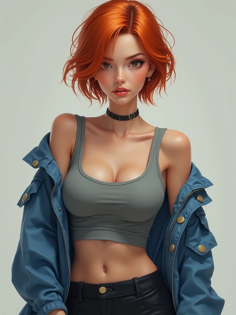 (absurdres), masterpiece, best quality, sharp focus, soft lighting, (upper body shot), (realistic), (cowboy shot), (beautiful) (petite:1.21) (medium breasts:0.96), stunningly attractive (tomboy) girl, (playful:1.2), (aroused:1.4), happy,, parted lips, nature backdrop, ( red very short wavy hair:1.21), (amazing feminine face:1.21), (detailed freckles:0.96), (beautiful realistic green eyes:1.21), (small nose:1.11), (narrow waist:1.31), (wide hips:1.11), (thick thighs:1.01), (long legs), (excellent hands fingers thumbs:1.16), (Yoji Shinkawa:1.01), (Raymond Leech:1.11), (Range Murata:1.11), (Alena Aenami:1.01), (Pascal Campion:1.16), (Rebecca Guay:1.11), (Sparth:1.01), (r/eyes:1.21), (confident expression:1.21), (nose blush:0.81), (cleavage:0.81) (elegant) (intricate) (cute:1.01) tight t-shirt, exposed midriff, (shorts:1.21), (pixie cut:1.21)