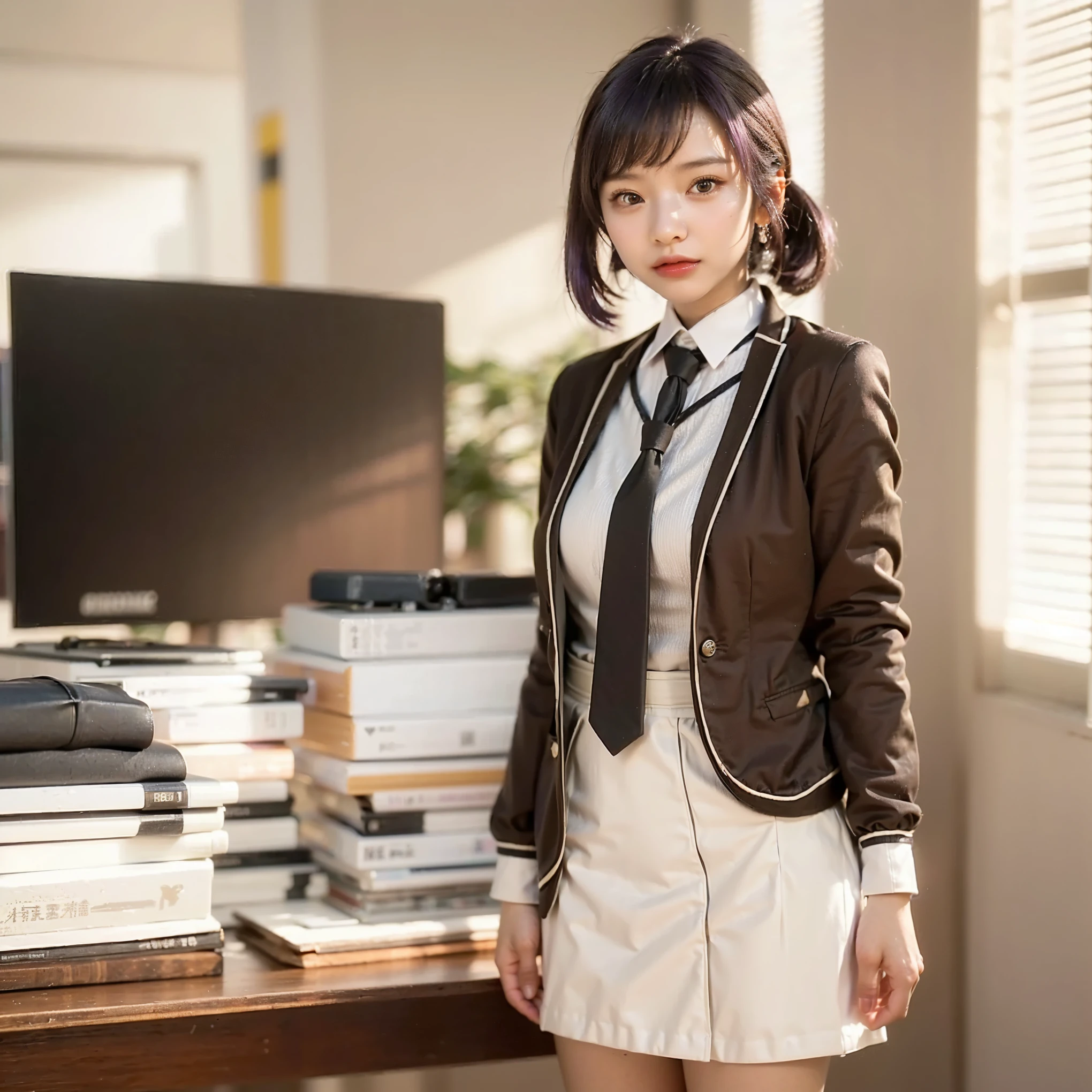 (Completely live action:1.37), (Amazingly realistic textures:1.37), (masterpiece, best quality:1.2), (8k uhd, 16k, 32k, ultra high res), amazingly realistic skin, amazingly realistic photo, superrealism, (photorealistic:1.37), (RAW photo), ultimately realistic, (ultimately realistic all details), (ultimately realistic all textures), super realistic lighting, super realistic shadow, (japanese girl:1.5), ((young face)), smiling, happy, super realistic face, ultimately realistic skin, ultimately realistic eyes, (mascara:1.35)ultimately realistic background, ultimately realistic detail up, kkw-ph1, ((drooping eyes, cyberpunk-style cyborg girl, amazingly intricate details, Anatomically perfect hands, mechanical body, silver knight armor, ultra glossy texture, purple hair))