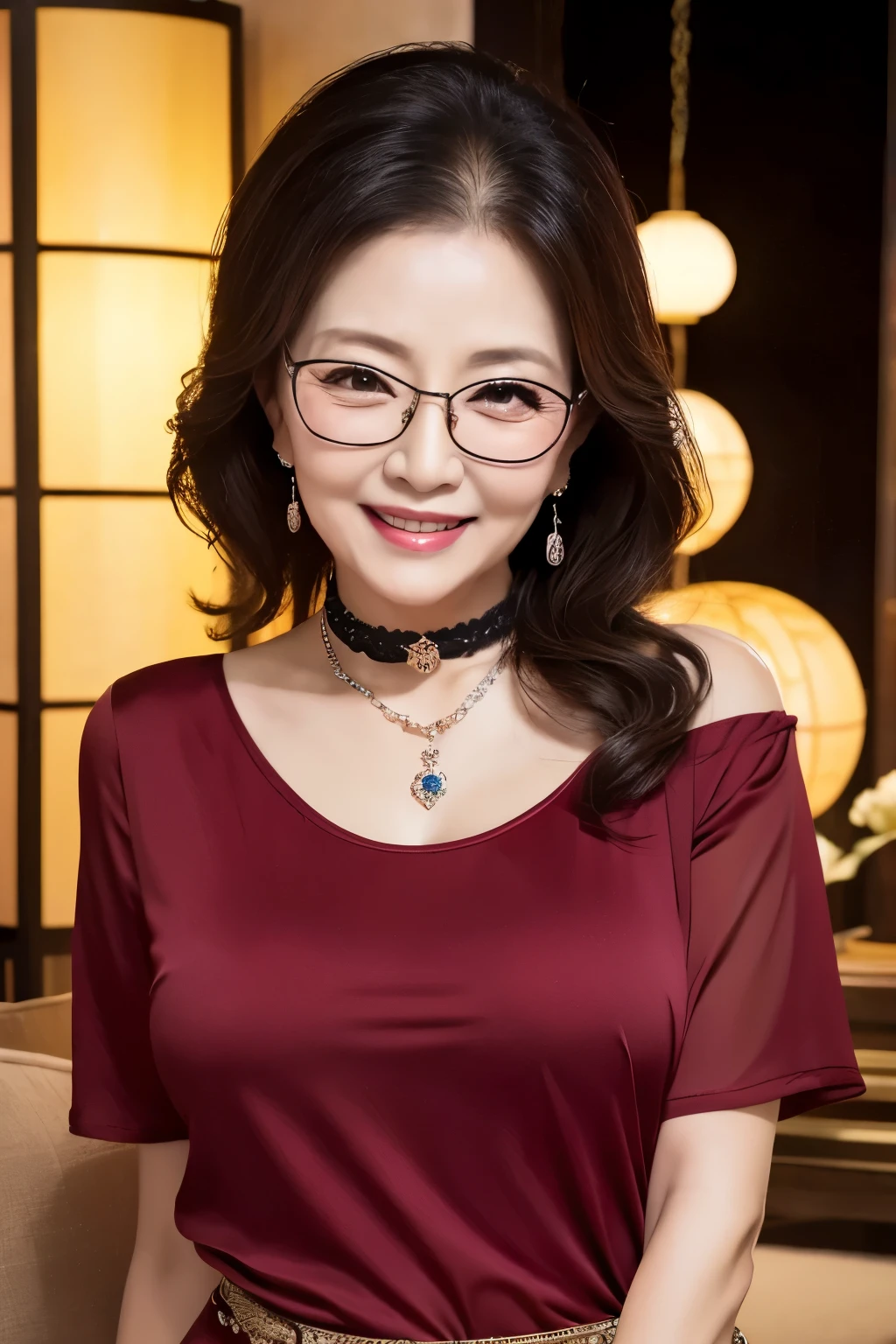 Maki hojo, (RAW photo:1.2), (photorealistic:1.4),(masterpiece:1.3),(best quality:1.4),ultra high res,(detailed eyes),(detailed facial features),(detailed clothes features),HDR,8k resolution, skin tight, (((high detailed skin,visible pores))), dreamlike, (ulzzang-6500-v1.1:0.5),pureerosface_v1:0.2, face close-up, mature girl, tall body, slim faces, body abs:1.2, , 45 years old, gigantic breast, wearing tight close red floral silk malay gamis with hijab, full body, beautiful shy smile, wearing high heels, glasses