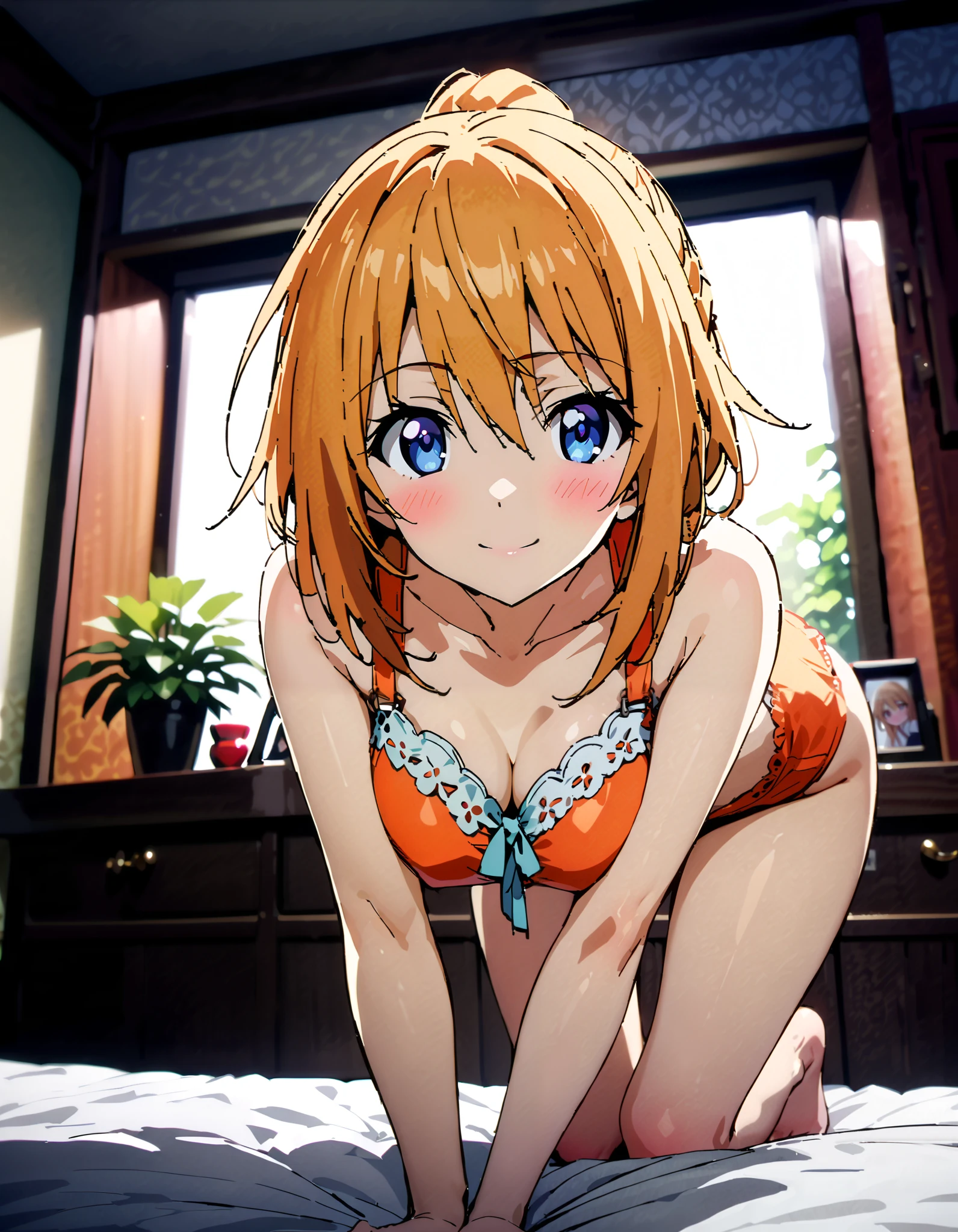 Charlotte Dunois, Charlotte Dunois , long hair,Alone, blonde hair , ribbon, 紫色の目, smile,blush, Embarrassing, legs , ponytail , hair ribbon,Orange Bra,orange string underwear ,Bare legs, standing on all fours on the bed, decor,Photo Frame, beautiful night view with depth,whole bodyがイラストに入るように,
break looking at viewer,whole body,
break indoors,bedroom,,
break (masterpiece:1.2), top quality, high resolution, unity 8k 壁紙 , (shape:0.8), ( attention to beautiful details :1.6), highly detailed faces at a pachinko parlor, perfect lighting, Highly detailed CG, ( perfect hand, perfect anatomy ),