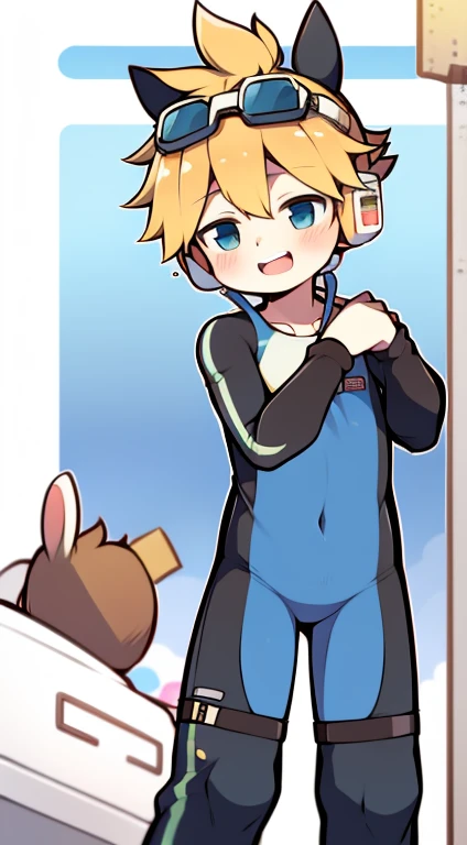 2D Shonen Shota,One-piece suit,Slim, healthy body,Put the headphones on your head,stand up,goggles,Rabbit ears,Happy,Sailor collar,boots,charming,Akimbo
