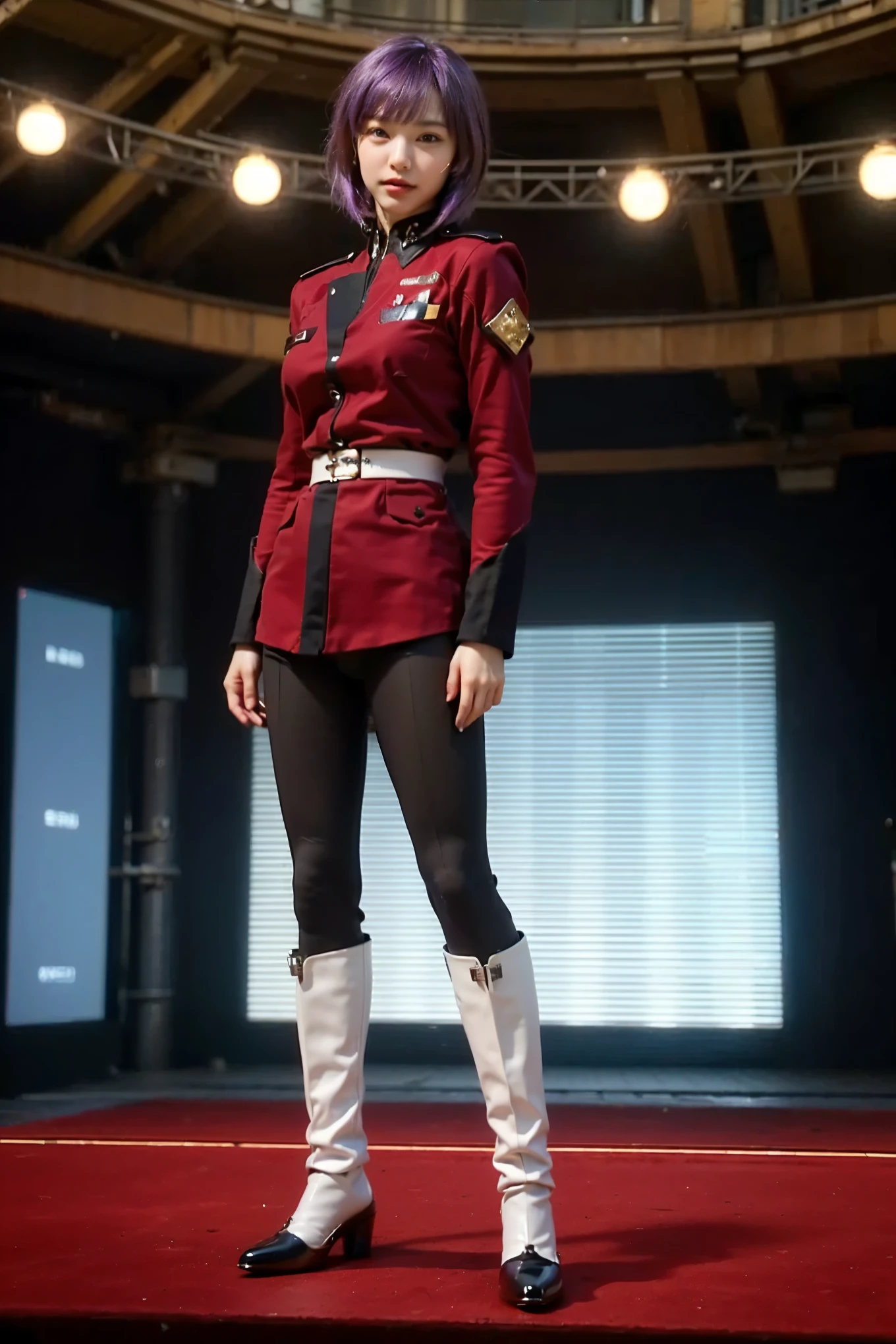 (Completely live action:1.37), (Amazingly realistic textures:1.37), (masterpiece, best quality:1.2), (8k uhd, 16k, 32k, ultra high res), amazingly realistic skin, amazingly realistic photo, superrealism, (photorealistic:1.37), (RAW photo), ultimately realistic, (ultimately realistic all details), (ultimately realistic all textures), super realistic lighting, super realistic shadow, (japanese girl:1.5), ((young face)), smiling, happy, super realistic face, ultimately realistic skin, ultimately realistic eyes, (mascara:1.35)ultimately realistic background, ultimately realistic detail up, kkw-ph1, ((drooping eyes, cyberpunk-style cyborg girl, amazingly intricate details, Anatomically perfect hands, mechanical body, silver knight armor, ultra glossy texture, purple hair))