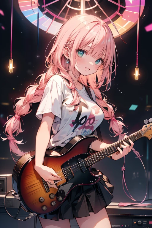 high resolution,超 high resolution,8k, very detailed, top quality, Masterpiece, 1 woman(170cm tall、 sexy、(Pink hair, braiding , has long side hair hanging forward:1.5)、  green eyes  , big ) T-shirt、 long skirt , model,  ( guitar, Holding,  electricity _guitar, playing_ instrument,Excited),   concert,  dancing ,guitarist,from against、