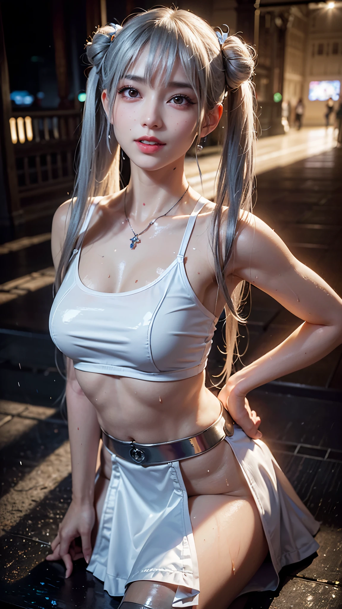 (masterpiece), best quality, expressive eyes, perfect face, saria, grey hair, HD, perfect anatomy, four branch dragon horns, highres, solo, fat tits, control top thighband pantyhose, heavy breath, hard muscle, ABS, sixpack, buff, calcium muscular Arms, wet after swimming, Taekwondo Empire, arkNights, woman sport grey theme, seductive gaze, warrior, barbarian, barbaric sit, sexual fluids, squirt, saliva, nipples, fur shoes, hairy pubic, beautiful face, gray outfit, Rhine lab, bodybuilder, biceps, triceps, smiles, female, holding combat knife, studio light, Taekwondo, dragon tail