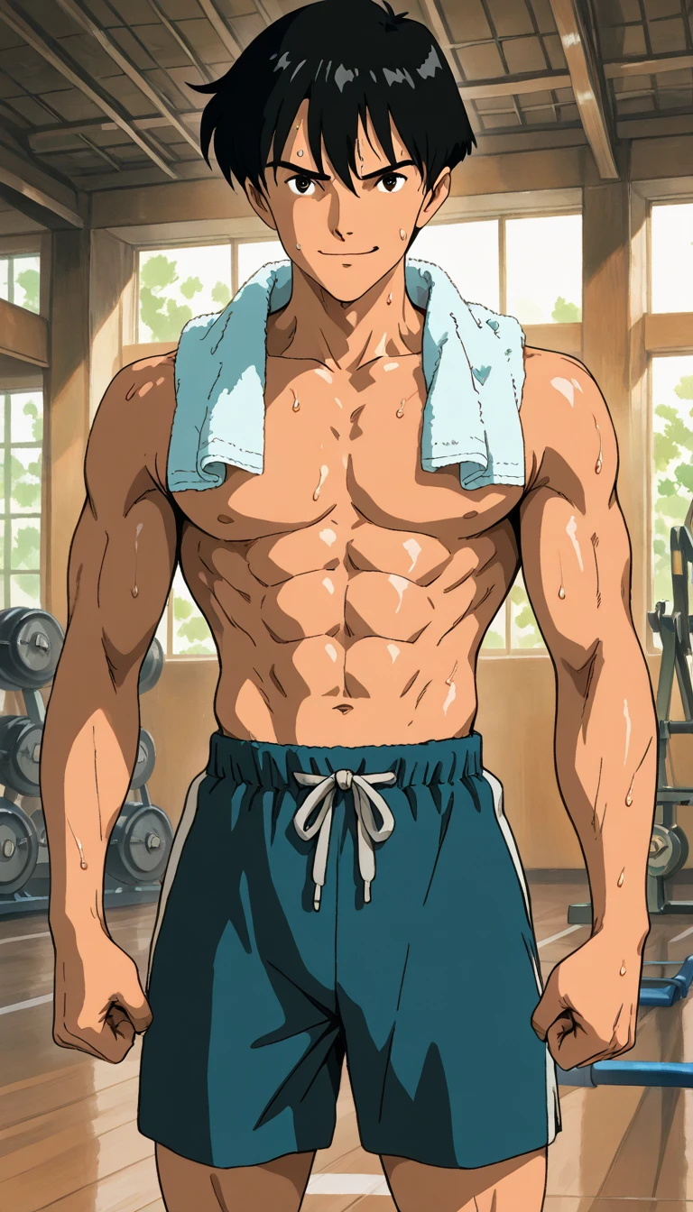 Roy Mustang from Full Metal Alchemist, shirtless, wearing blue underwear of bodybuilder
