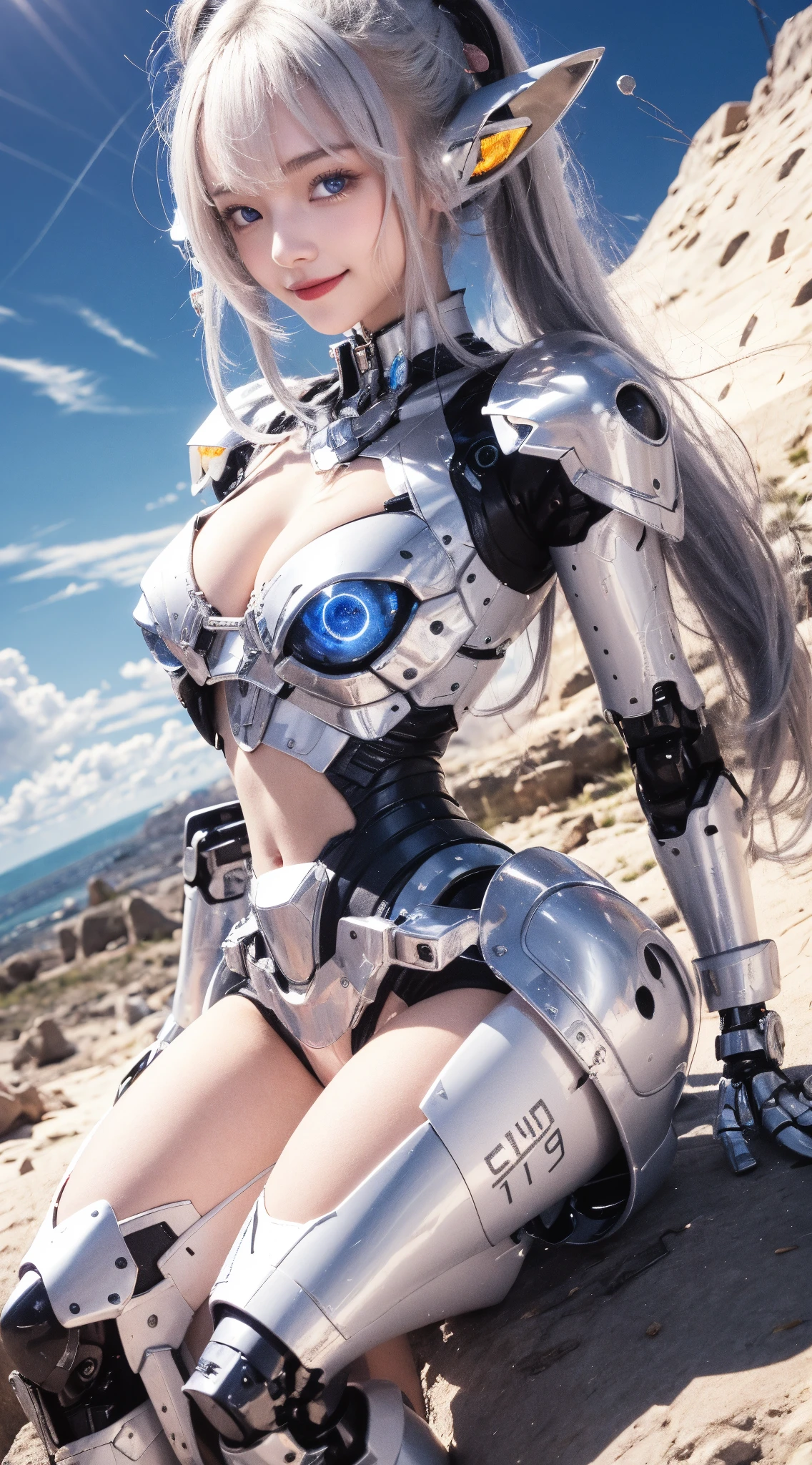 a close up of a woman in a bikini standing in front of a machine, cyborg - girl, cyborg girl, beautiful cyborg girl pinup, inspired by Masamune Shirow, beutiful girl cyborg, cyborg - girl with silver hair, hajime sorayama designed girl, mechanized valkyrie girl, cyborg woman, female cyborg, by Masamune Shirow