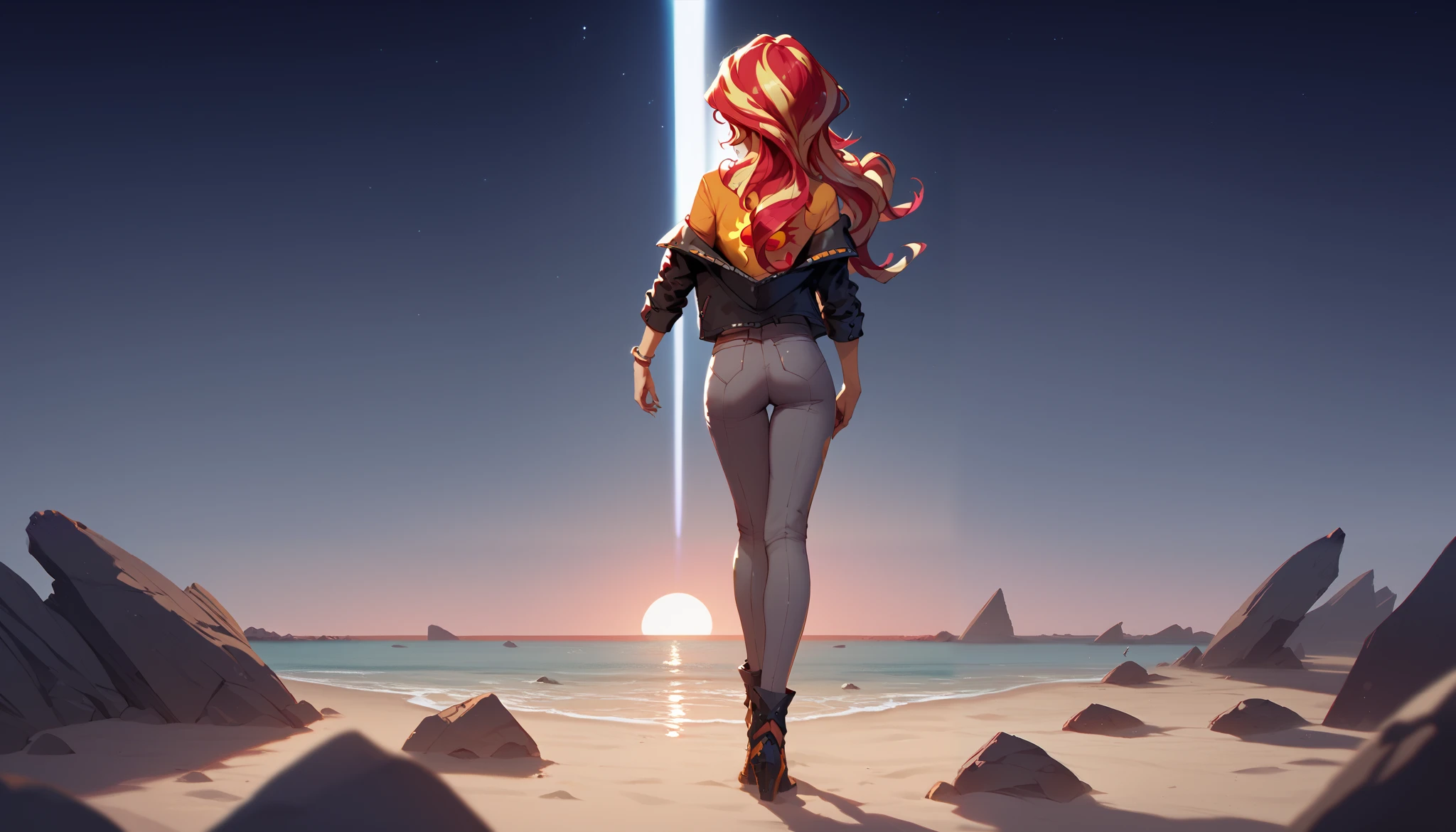 Sunset shimmer, red and yellow hair, wavy hair, wearing a tight, standing on the lunar surface, light gray sand and rocks, black sky, looking up at the black sky with Earth in the center, outer space very detailed, science fiction