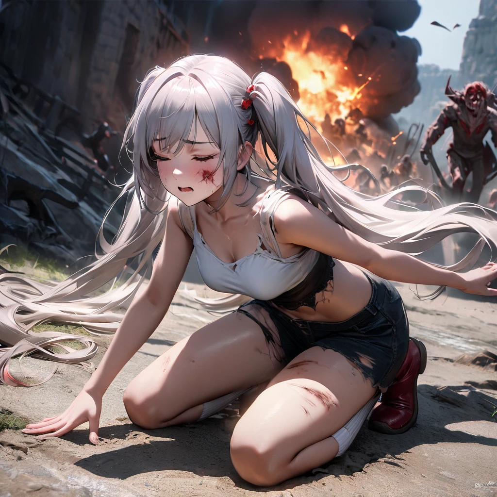(Highest quality, 4K, 8k, High resolution, masterpiece:1.2), Very detailed, Picturesque, Animated Photography, Photo Animation:1.37)、nsfw、Japanese schoolgirl、chained、shackles、completely naked、injury、destruction、(((amputee)))、((Bloody bandages))