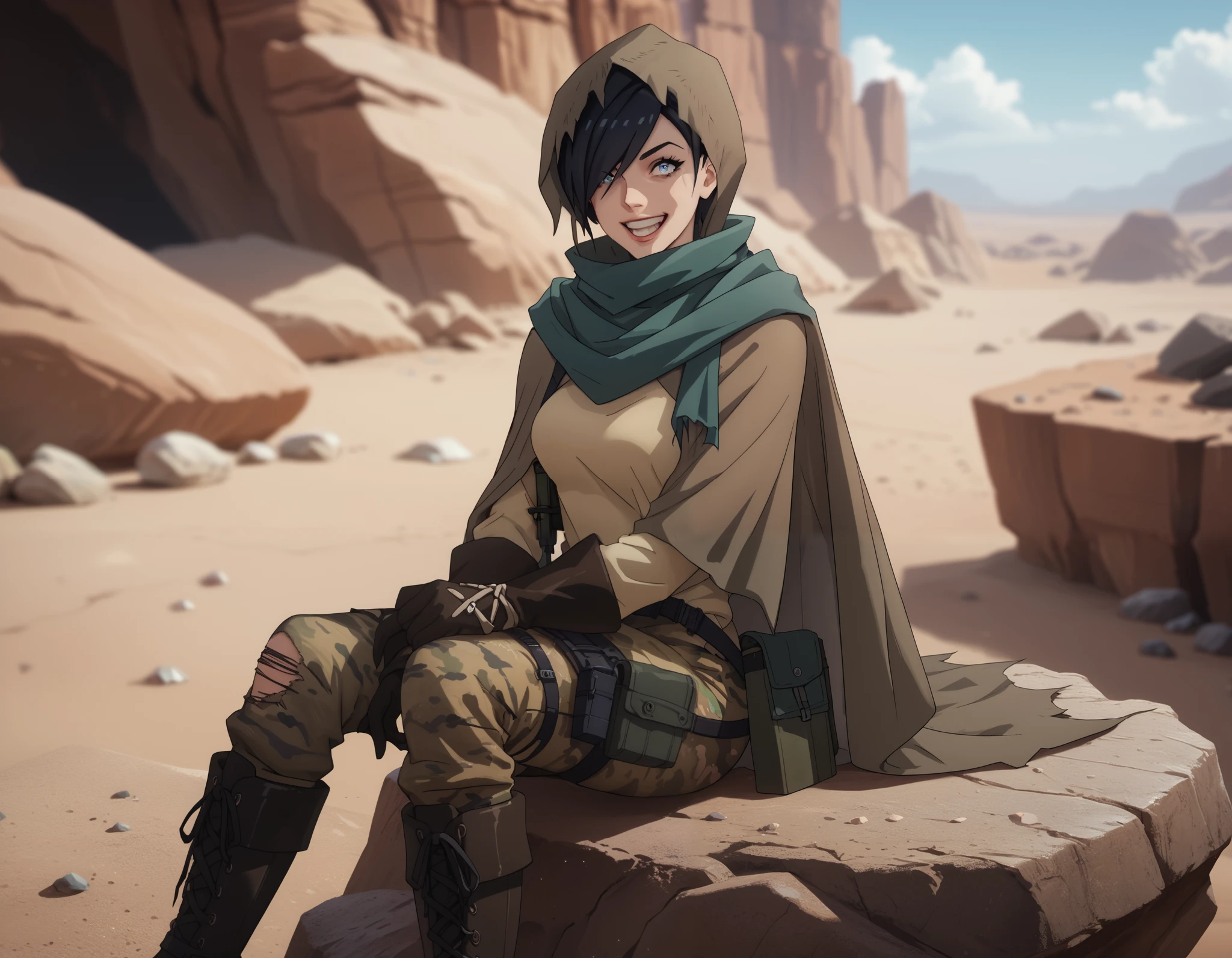 jackassnier, black hair, short hair, hair over one eye, blue eyes, medium breasts, green scarf, hood, hooded cloak, cloak, hood up, torn clothes, black gloves, long sleeves, cape, camouflage pants, shirt, belt, thigh strap, cross-laced footwear, knee boots, holster, sitting on some rock, in a rocky canyon in a desert, crazy smile, holding a lit stick of dynamite