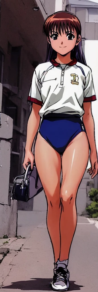 Momoko Koigakubo, a tall girl with beautiful legs, is standing with her legs spread to the sides in a white gym uniform and light navy blue bloomers that look like panties.。