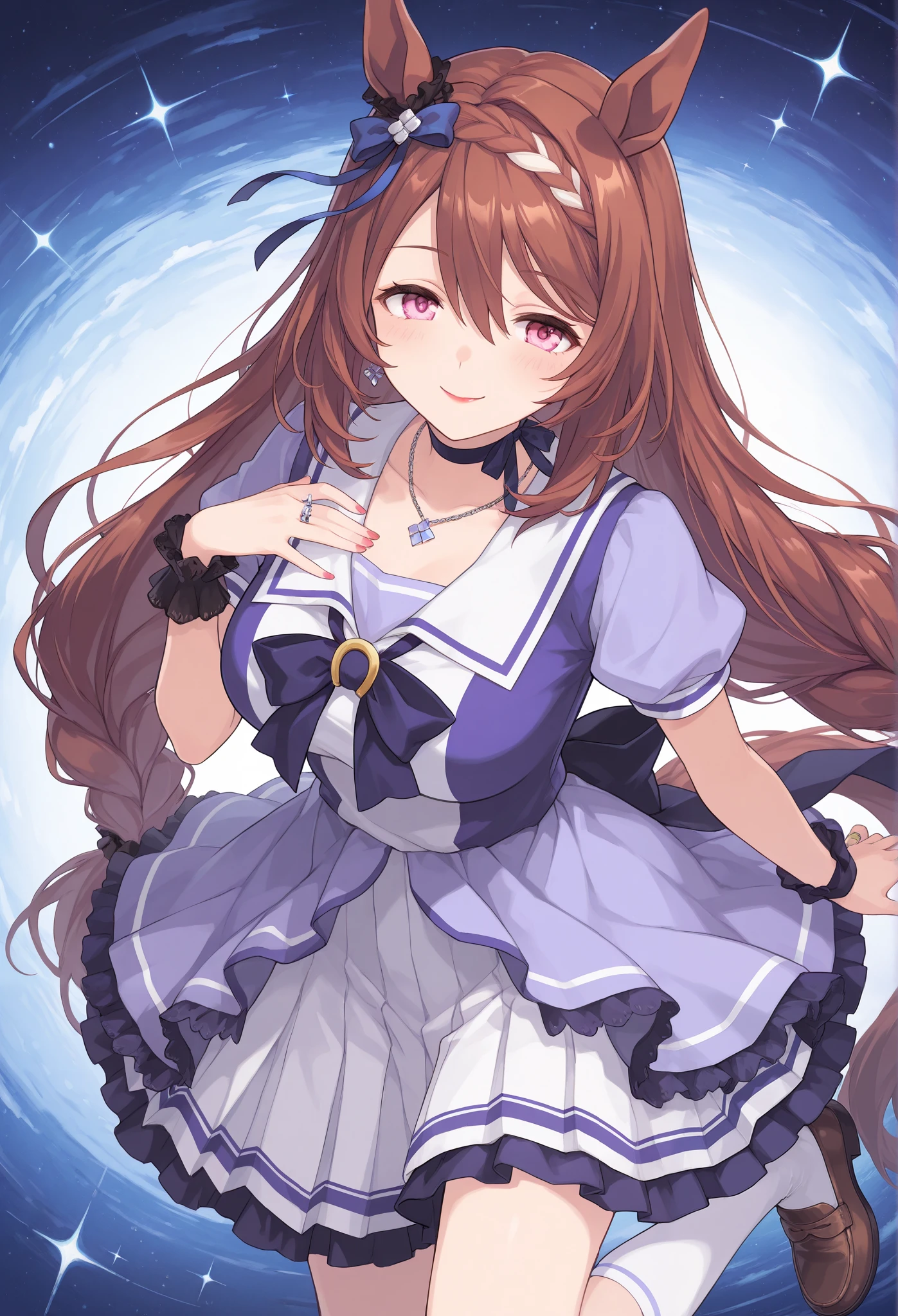 {{{Racecourse:1.6}}} {{{ 【 focusing on upper body :1.5}}},( high resolution),( high resolution), ( Unity 8K Wallpaper),( detailed image ), {{{Type Moon :1.7}}},((draw:1.5)), Super Creek \{{{Uma Musume\}}}, ,{Left earring },{{{ Shoulder Top Chest Design }}},{{{ frill skirt}}},{ Thick Bottom Loafers },{ Gothic Necklaces and Rings with Ruffles and Ribbons },{ ribbon choker },{Red lipstick} { seductive smile} ,{「 Sparkling Pink Eyes }