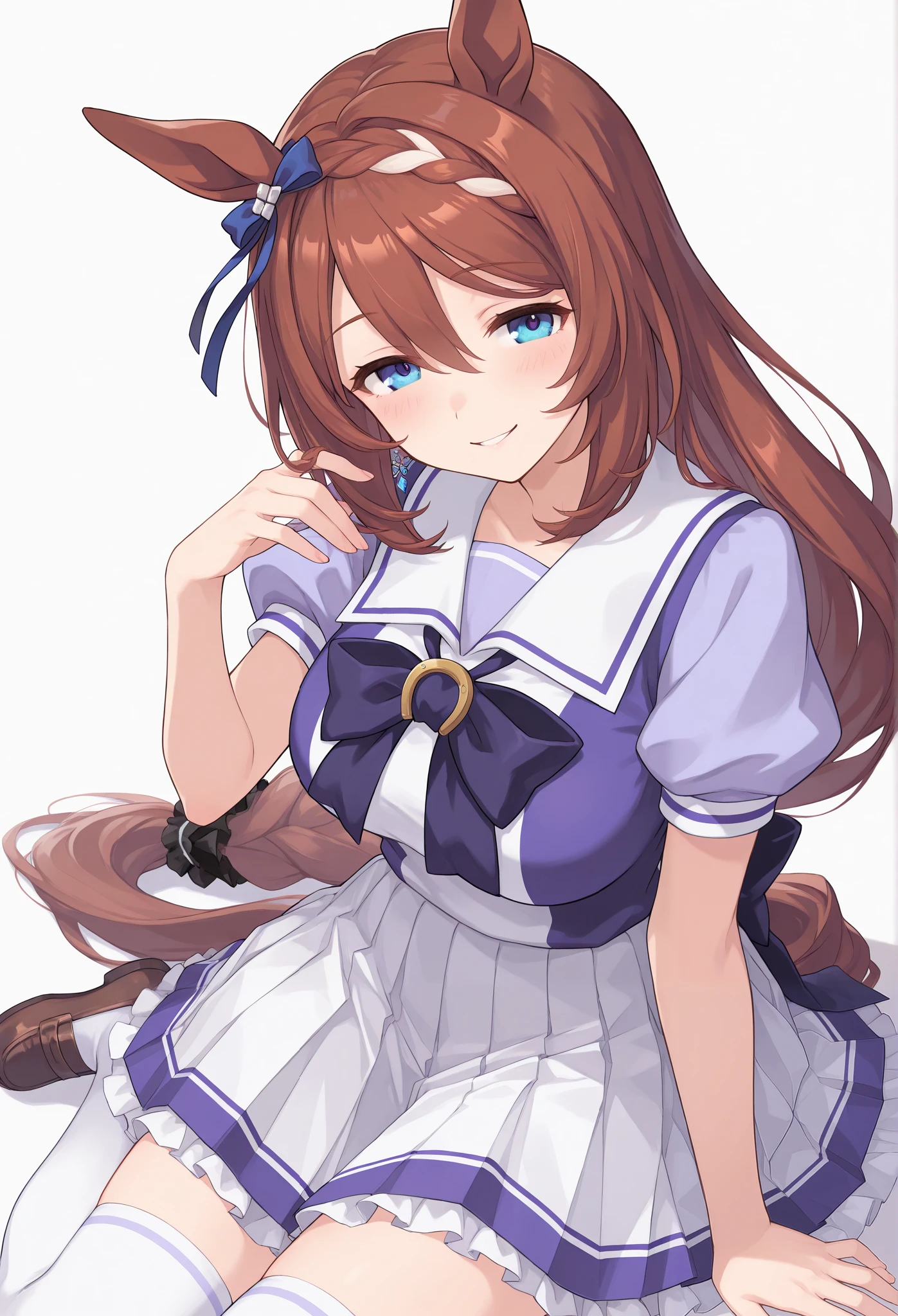 {{{Racecourse:1.6}}} {{{ 【 focusing on upper body :1.5}}},( high resolution),( high resolution), ( Unity 8K Wallpaper),( detailed image ), {{{Type Moon :1.7}}},((draw:1.5)), Super Creek \{{{Uma Musume\}}}, ,{Right earring },{ seductive smile} \( umamusume\),
tracen school uniform, summer uniform, serafuku, puffy short sleeves, purple bowtie, horseshoe ornament, sailor collar, sailor shirt, purple shirt, white skirt, pleated skirt, frills, miniskirt, absolute territory, white thighhighs, brown footwear, loafers,
