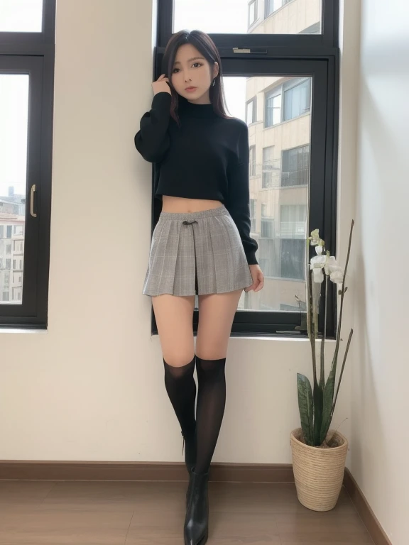 24-year-old handsome man, handsome, beautiful boy, hairy, slim, fair-skinned, Japanese, barefoot, best quality, black flared skirt, white shirt, red lipstick, for foot fetishists, looking at camera, black patent high heels, long legs, emphasizes lower body